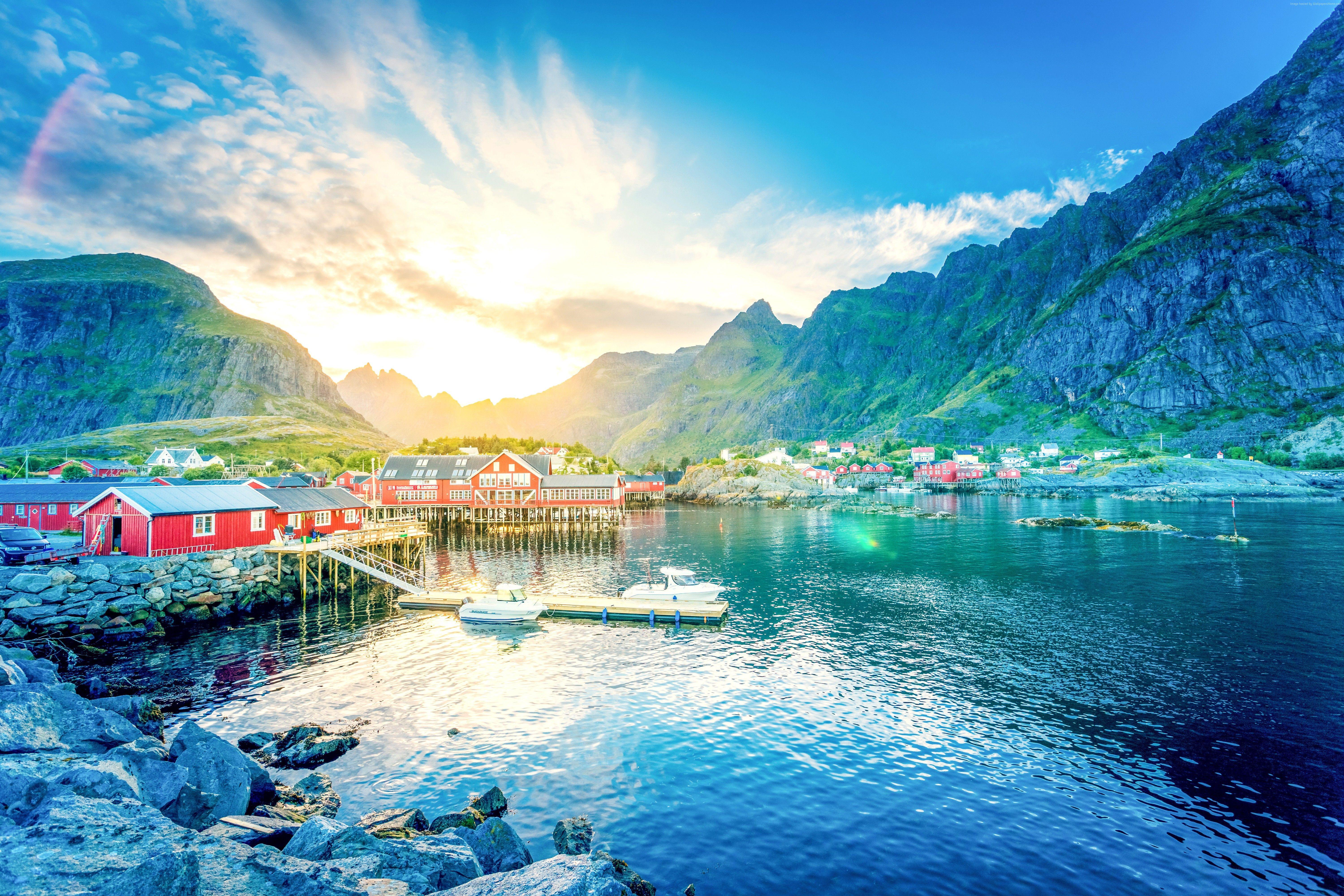 6000x4000 #lake, #Lofoten, k, #house, #Norway, k, k wallpaper