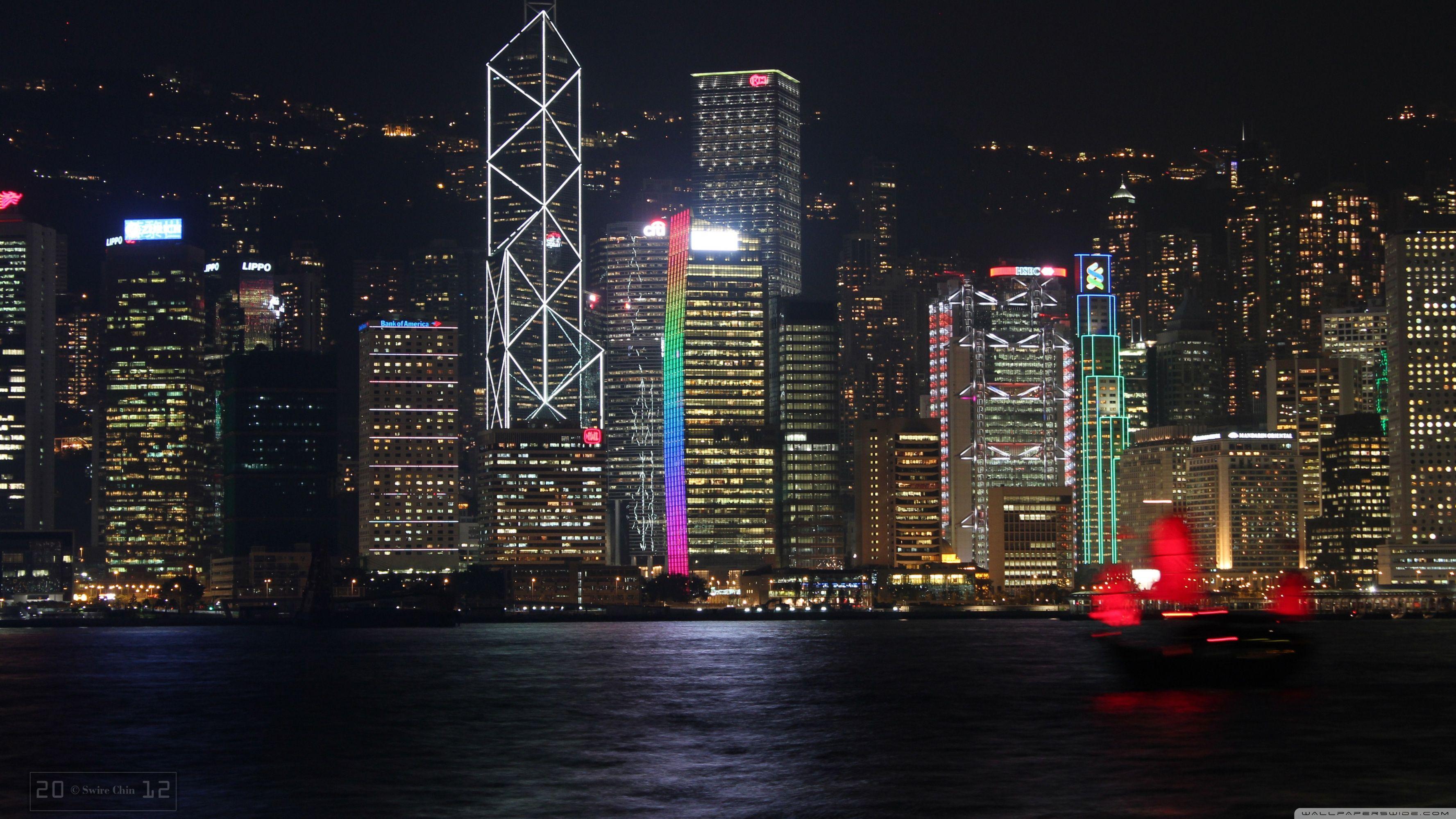 3554x1999 Central District At Night Hong Kong 4K HD Desktop Wallpaper