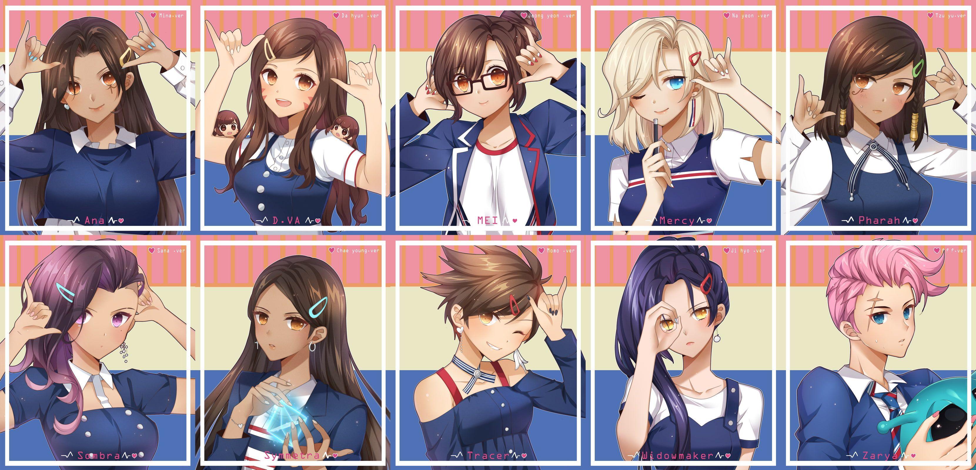 3320x1600 HD wallpaper: four anime characters collage, Overwatch