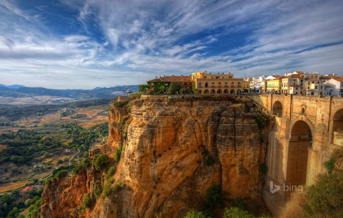 1332x850 Wallpaper the sky, landscape, bridge, rocks, home, Spain, Malaga, Rhonda image for desktop, section город