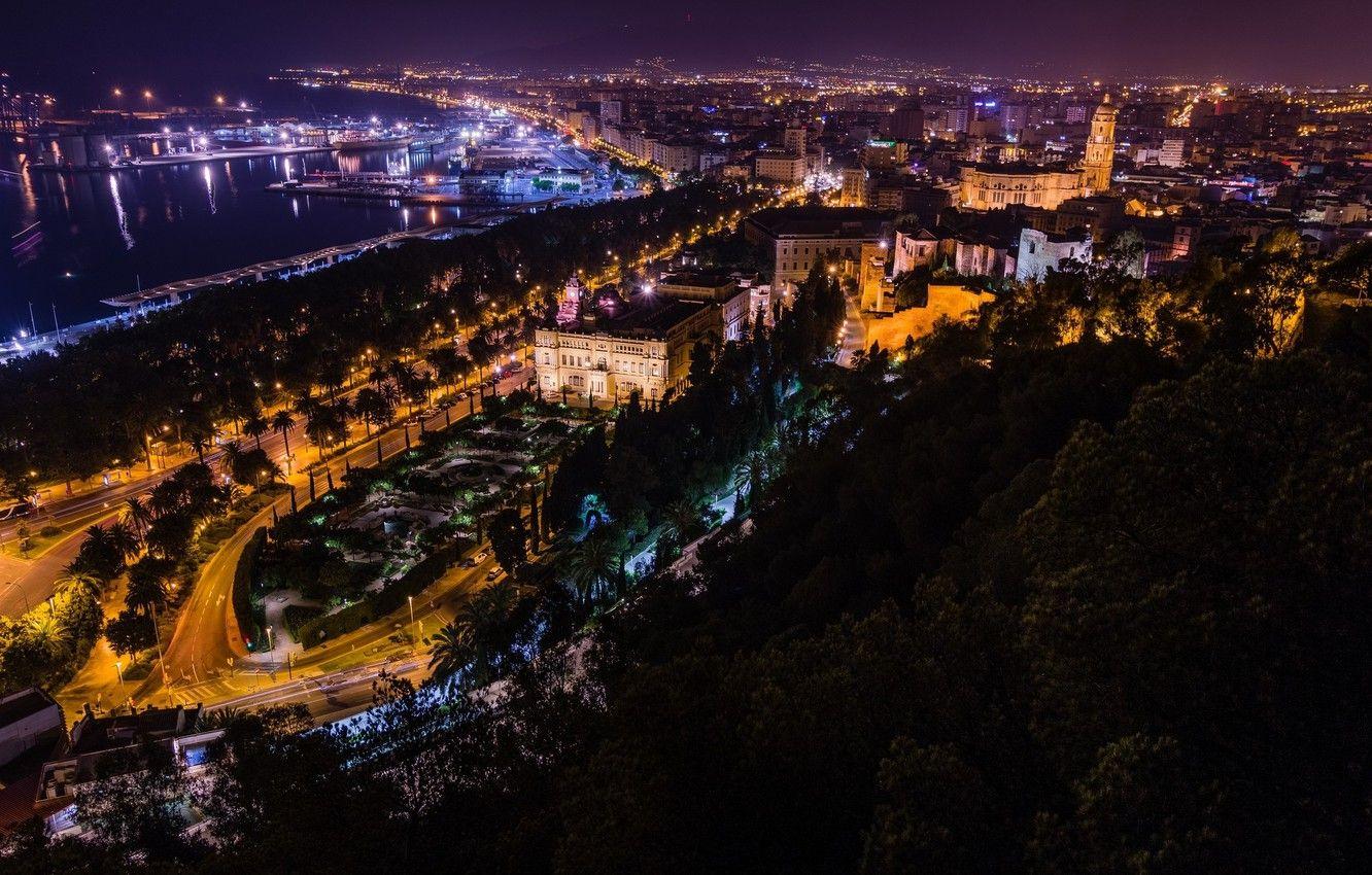 1332x850 Wallpaper night, the city, lights, Spain, Malaga city image for desktop, section город