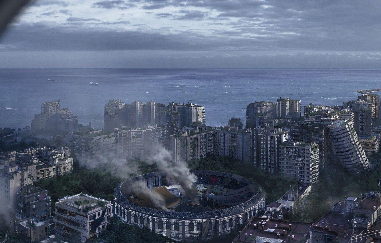 1332x850 Wallpaper sea, the city, smoke, destruction, Malaga Survival
