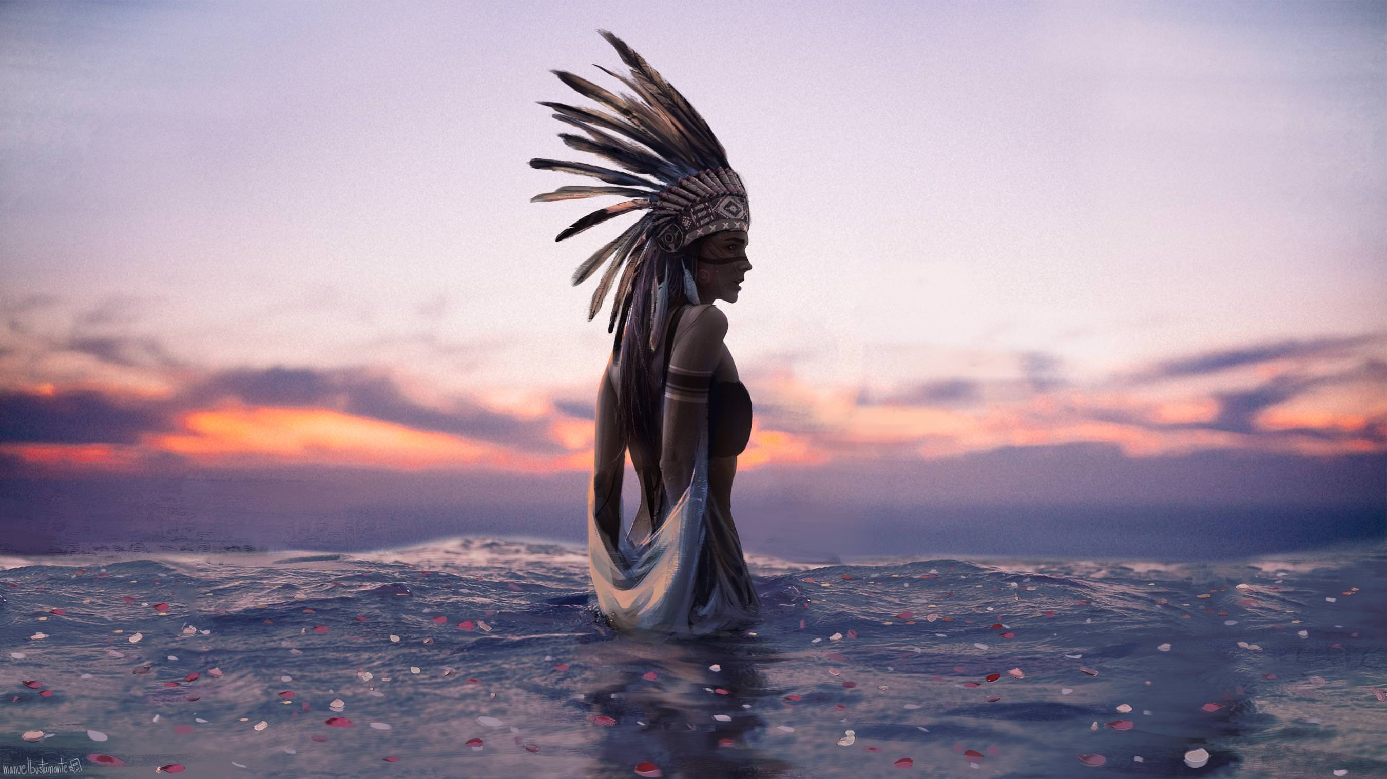 2702x1519 Indian Sunset Water Digital Art Native