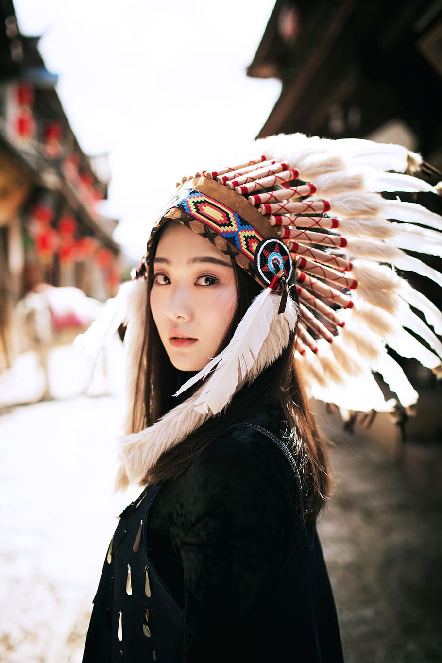 910x1365 woman in white and blue native american