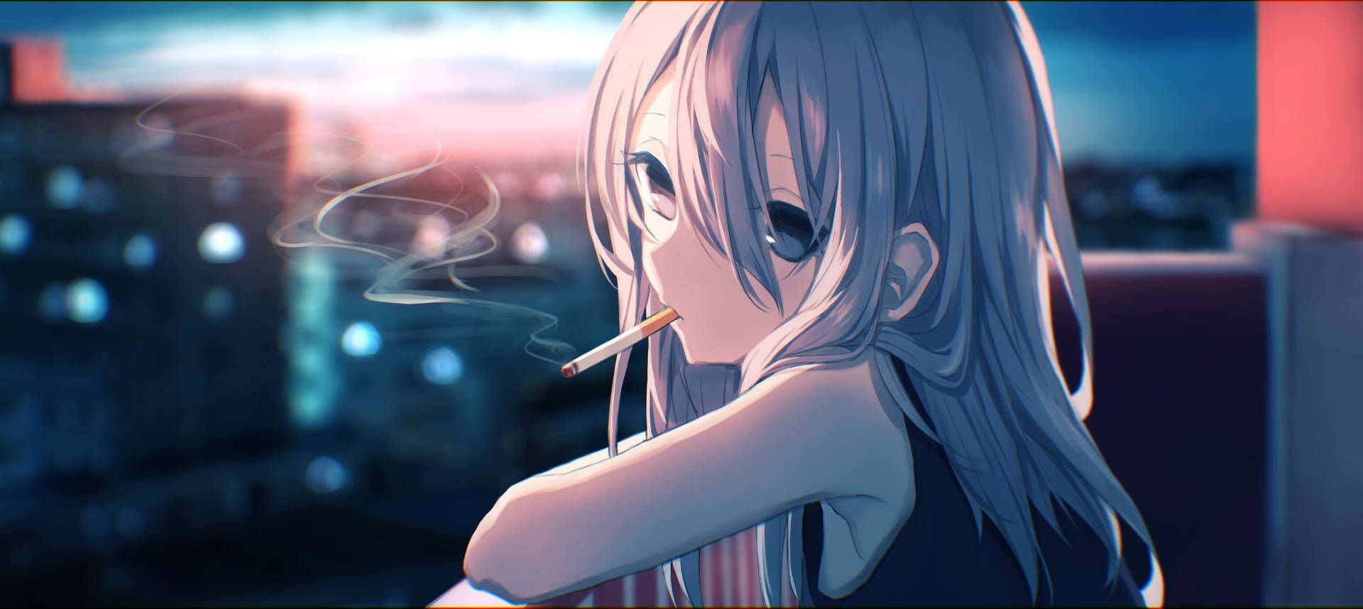 1920x858 Blue Haired Anime Girl Smoking