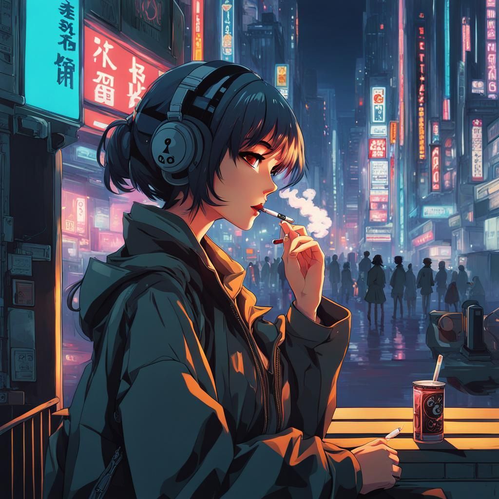 1024x1024 Anime girl smoking a cigarette in a