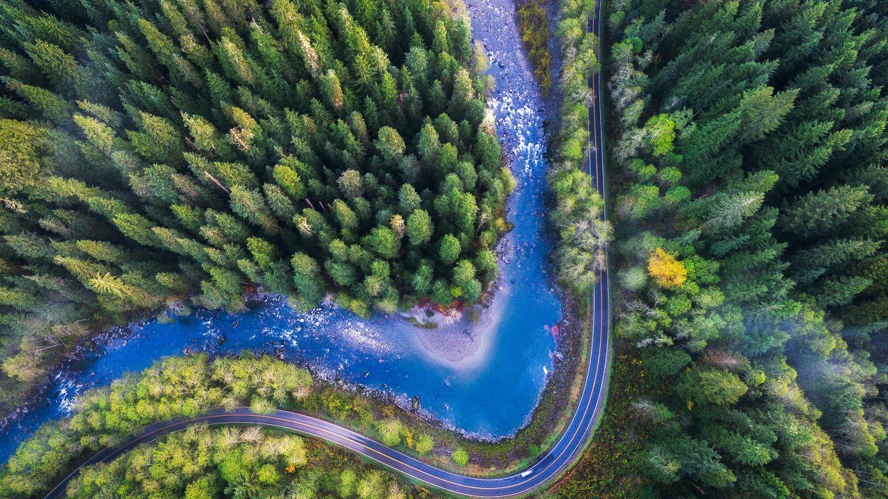 1280x720 Wallpaper Mountain Loop Highway, Aerial view, Drone photo