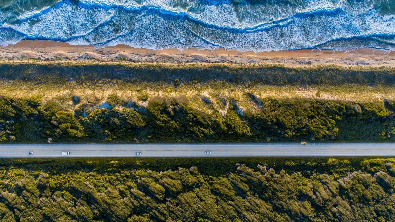 1280x720 Wallpaper Aerial view, Highway, Beach, Coast, 4K