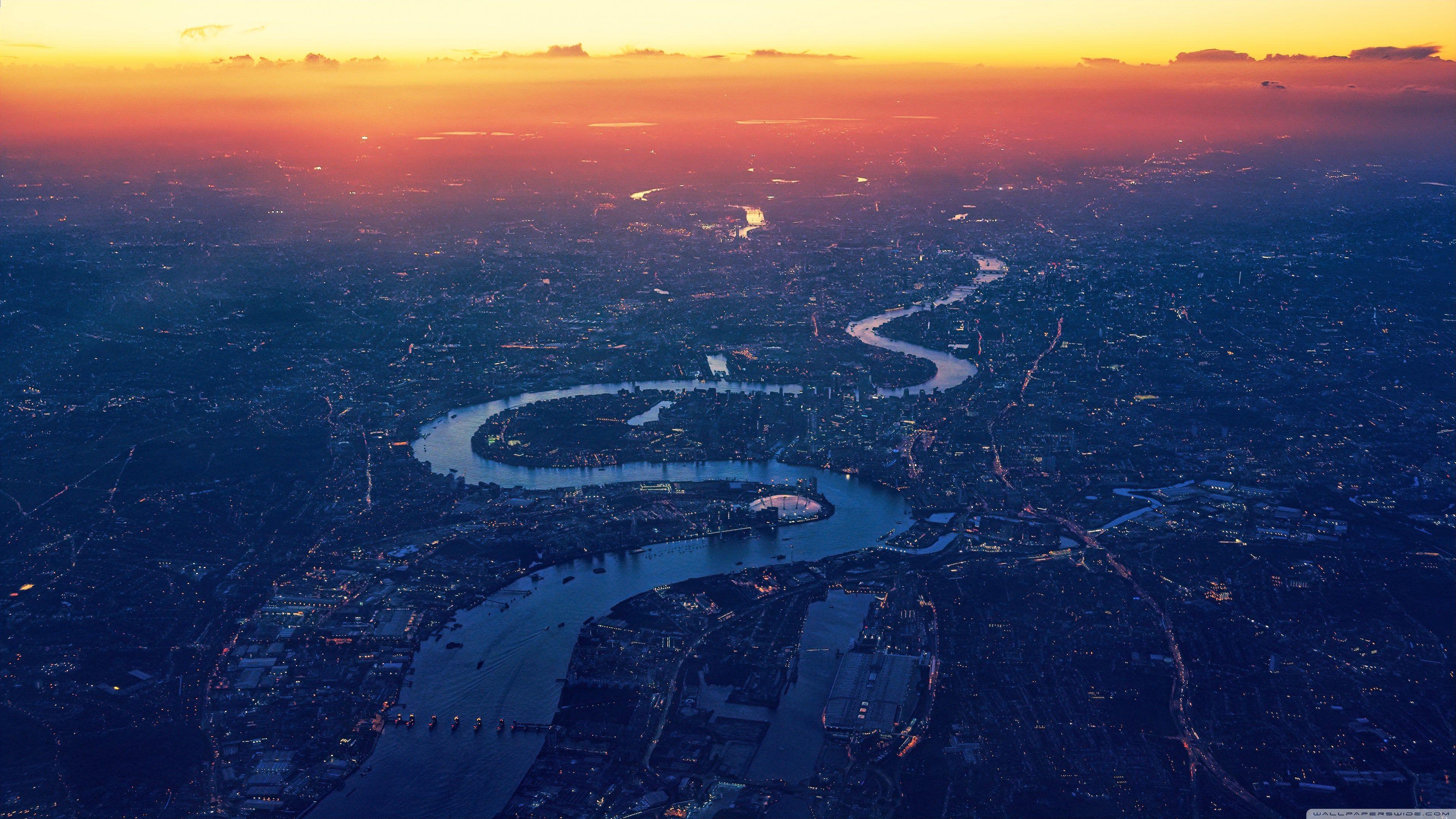 3840x2160 Winding River Sunset City Aerial View 4K wallpaper