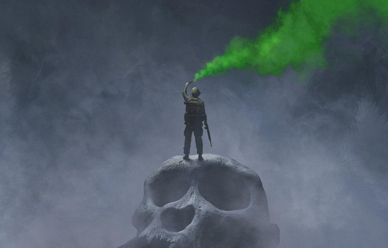 1332x850 Wallpaper green, fog, weapons, smoke, skull, fantasy