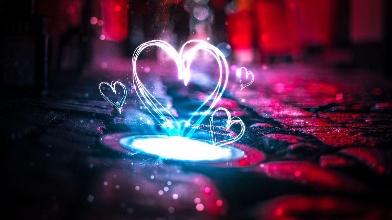 1280x720 Wallpaper Love hearts, Neon lights, HD, 4K, Love