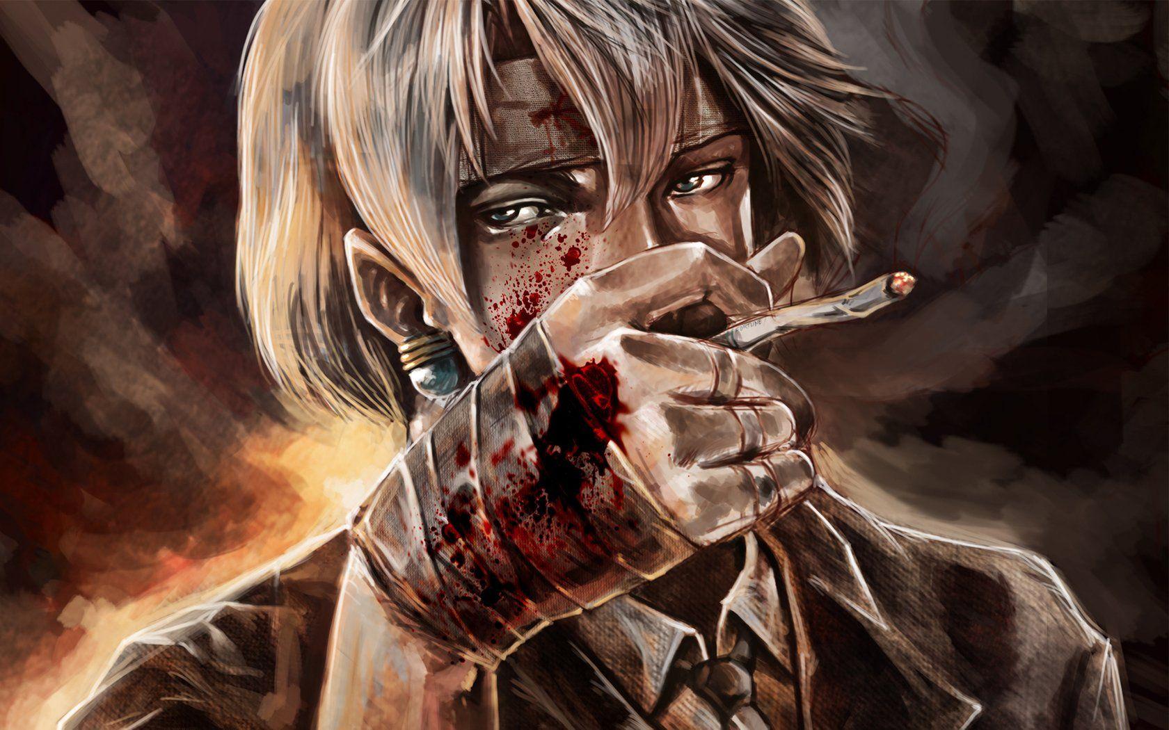 1680x1050 art, Guy, Blood, Hand, Dressing, Bandage, Cigarette, Anime