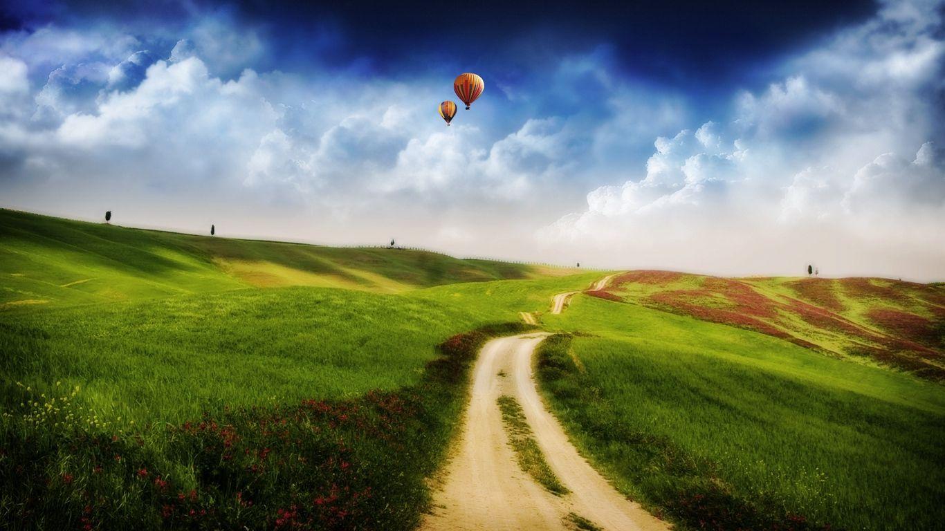 1366x768 Download wallpaper 1366x768 air balloons, road, track