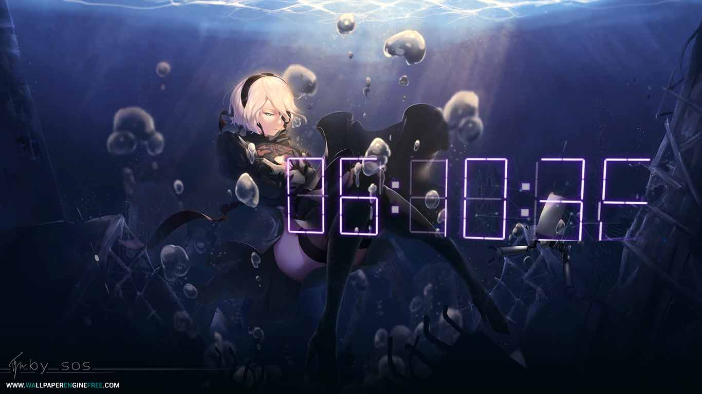 1366x768 Nier Automata V2 + Digital Clock Wallpaper Engine Free