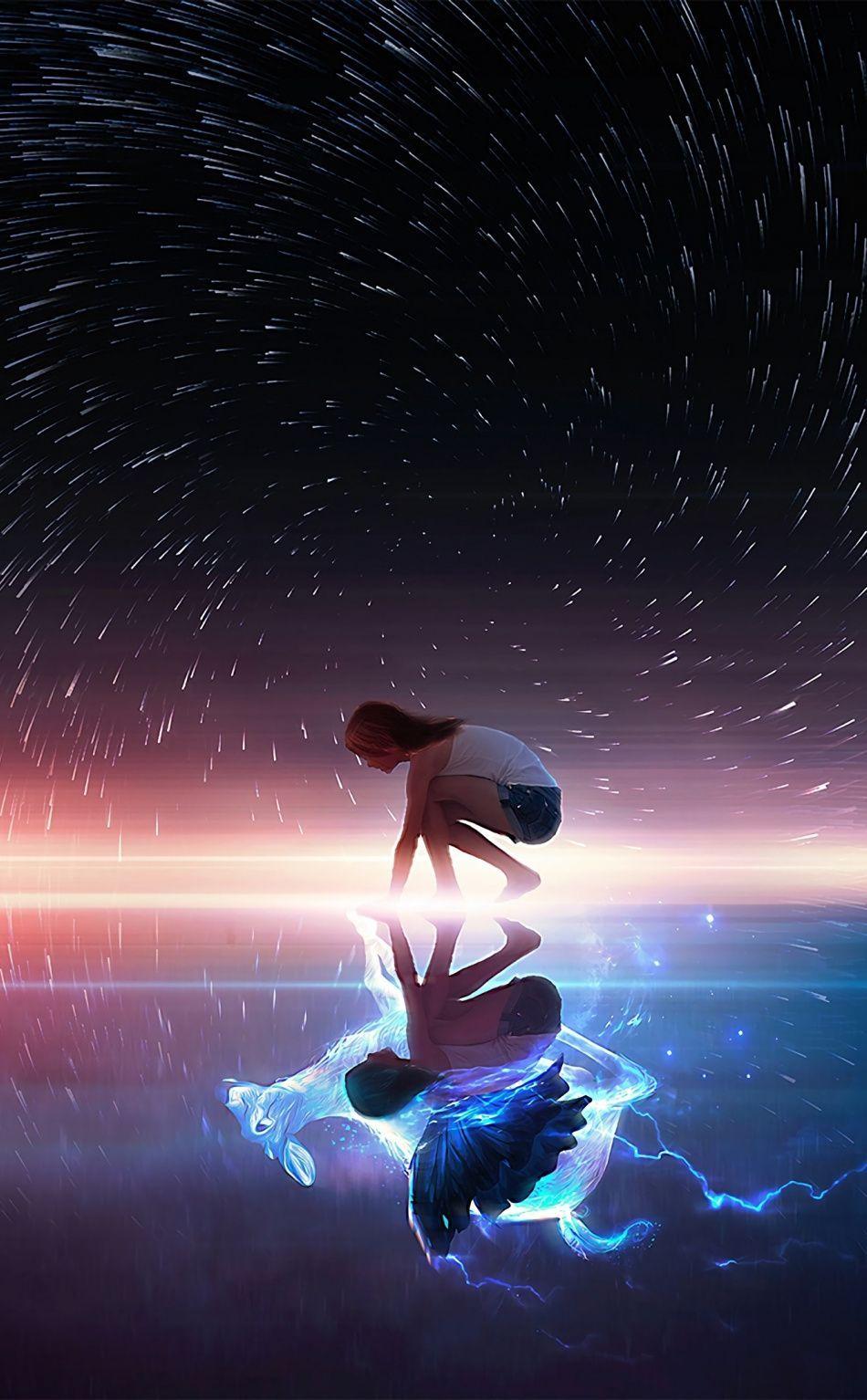 950x1534 Reflection, girl, lake, fantasy, starry night, artwork