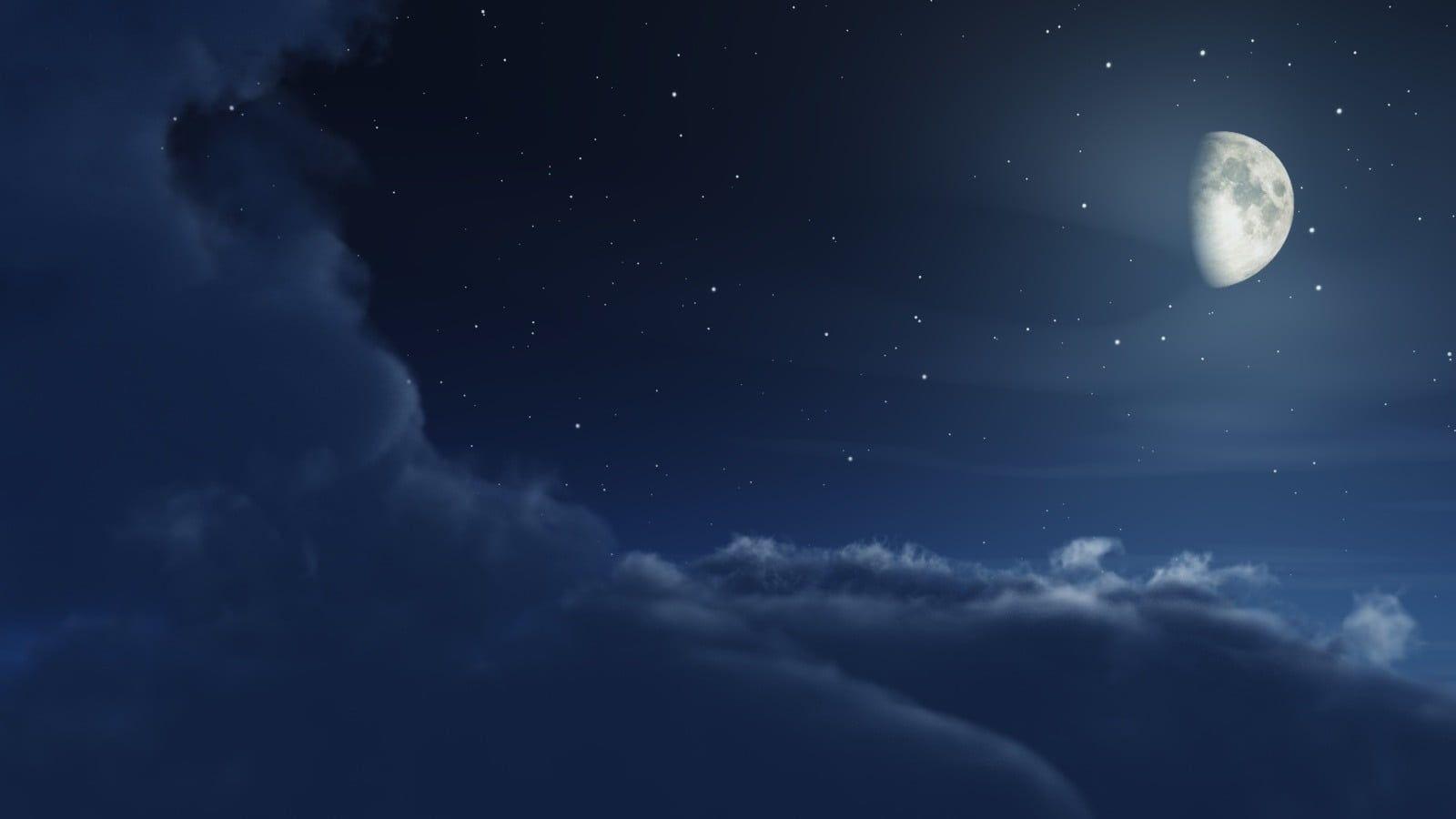 1600x900 Half moon illustration, Moon, night, clouds, stars HD