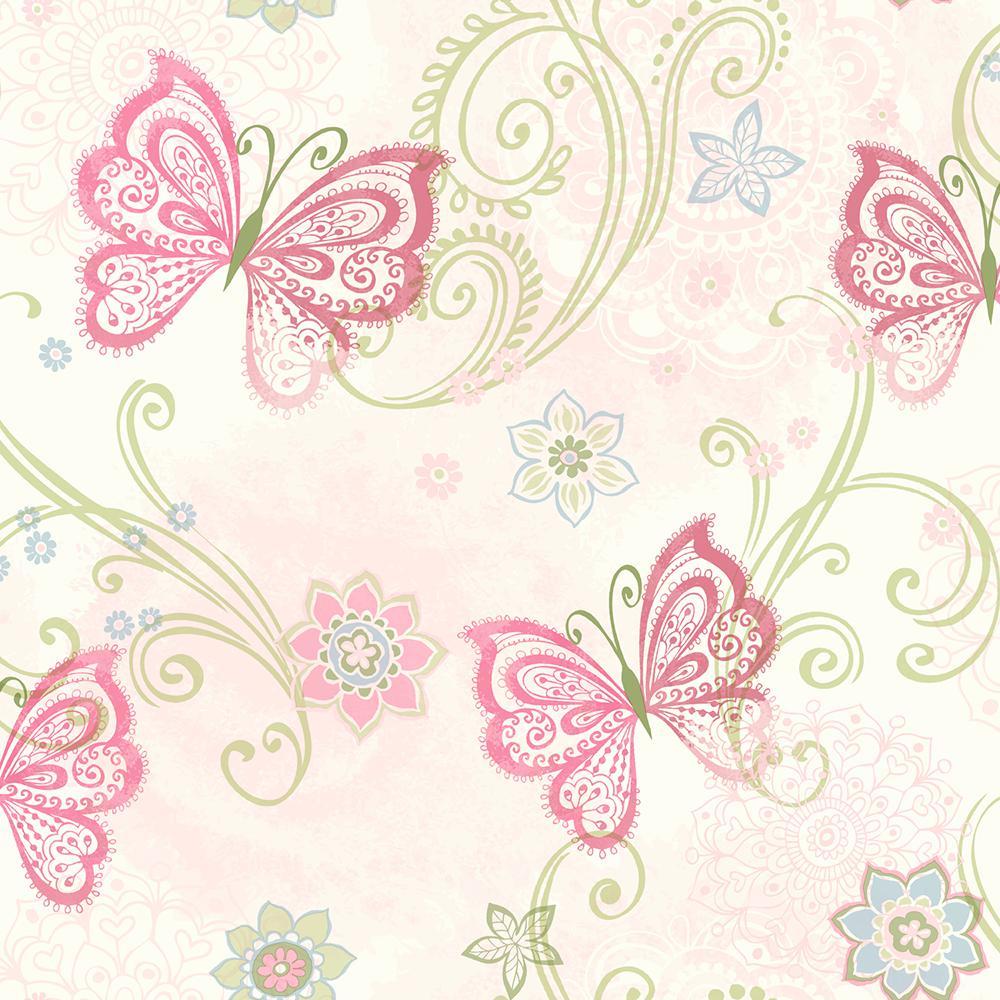 1000x1000 Chesapeake Fantasia Pink Boho Butterflies Scroll Wallpaper TOT47151