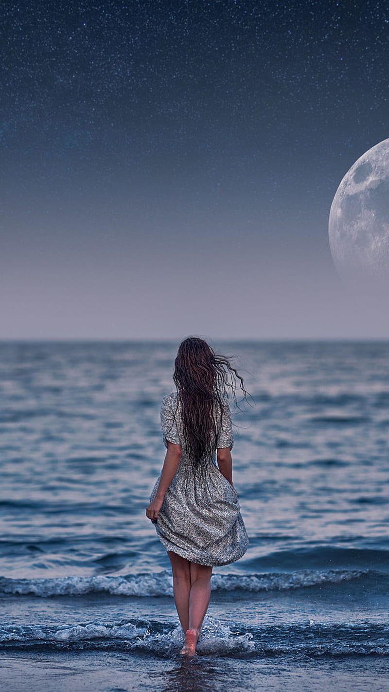 800x1423 Girl, beach, moonlight, nature, ocean, people, HD phone wallpaper