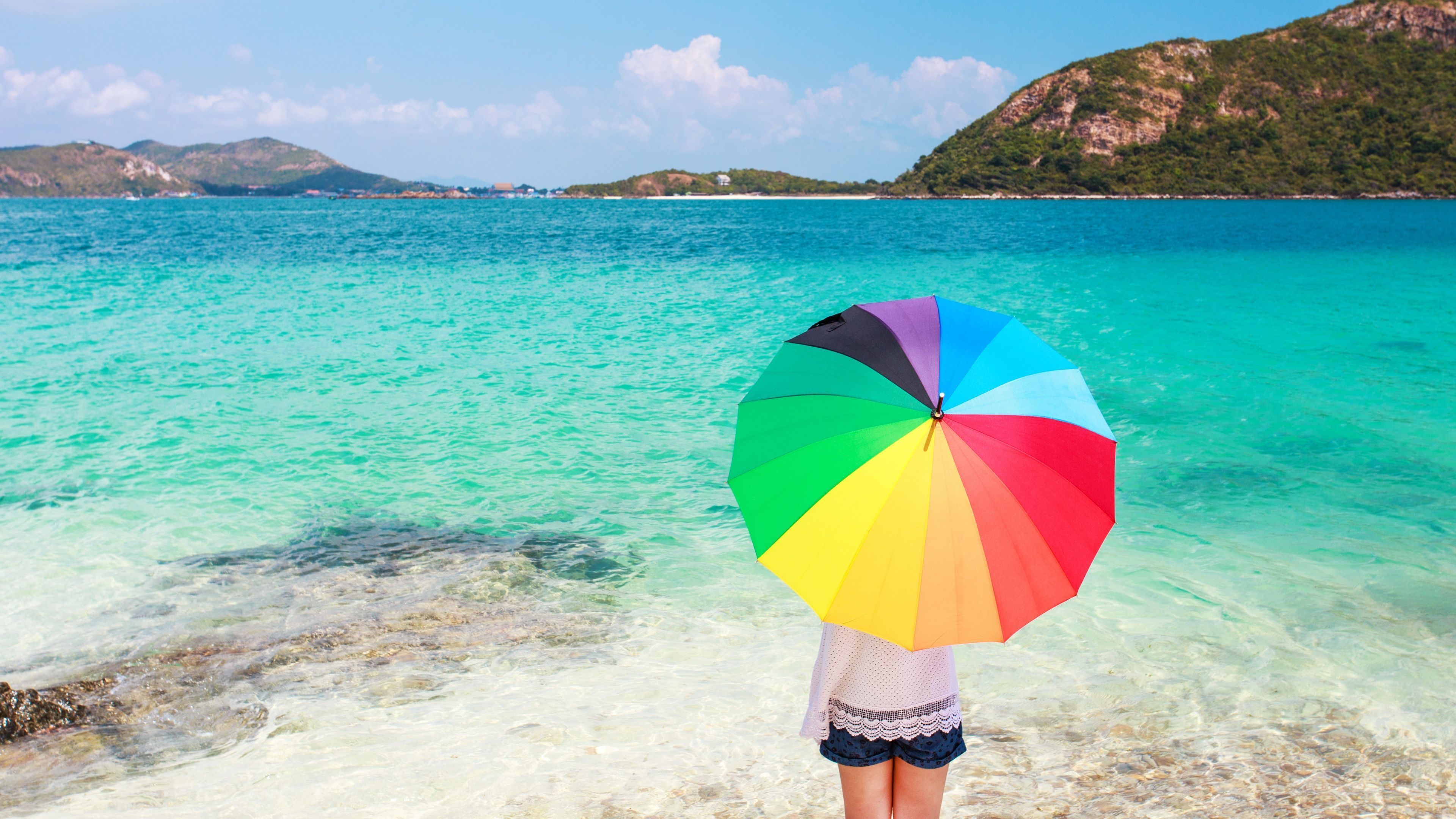3840x2160 Beach Wallpaper 4K, Girl, Umbrella, Sea, Fashion