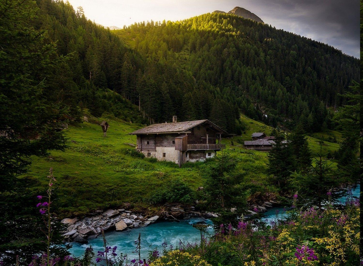 1500x1100 nature, Landscape, River, Cottage, Forest, Alps, Wildflowers