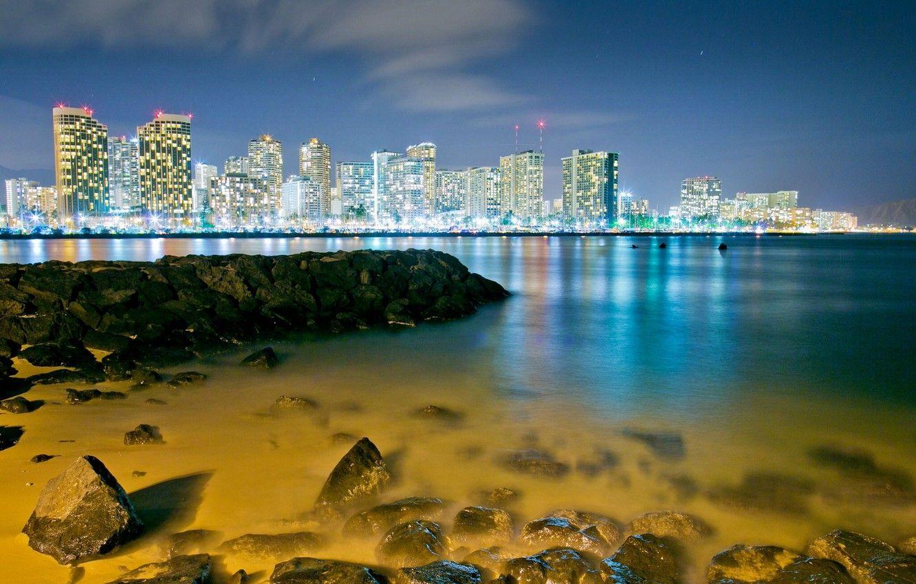 1332x850 Wallpaper stones, Bay, Hawaii, night city, Hawaii, Honolulu