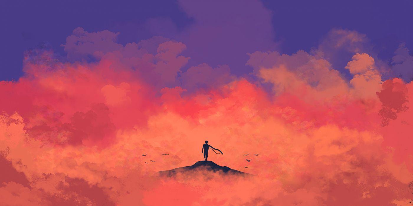 1400x700 Anime Anime Minimalism girl clouds male original birds