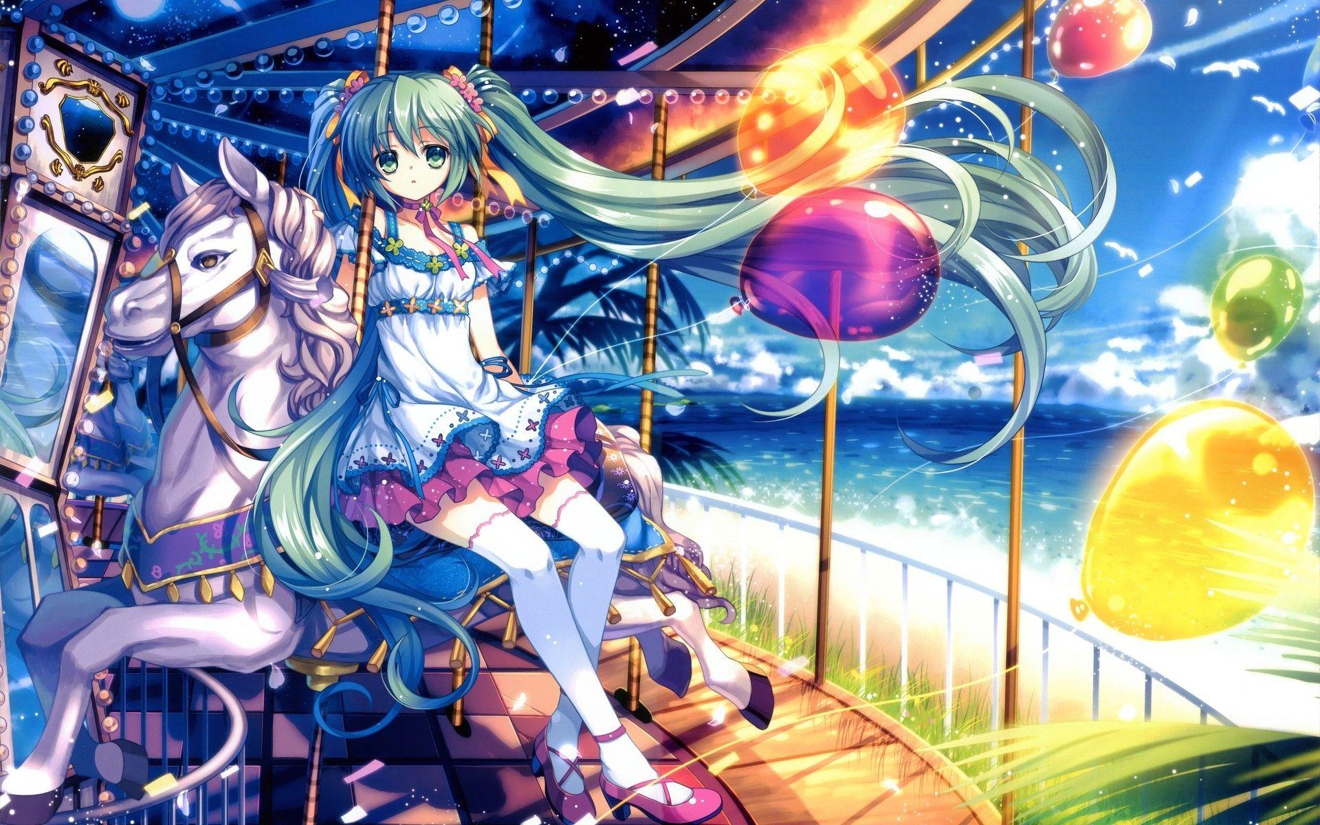 1920x1200 water ocean clouds long hair horses anime balloons carousel