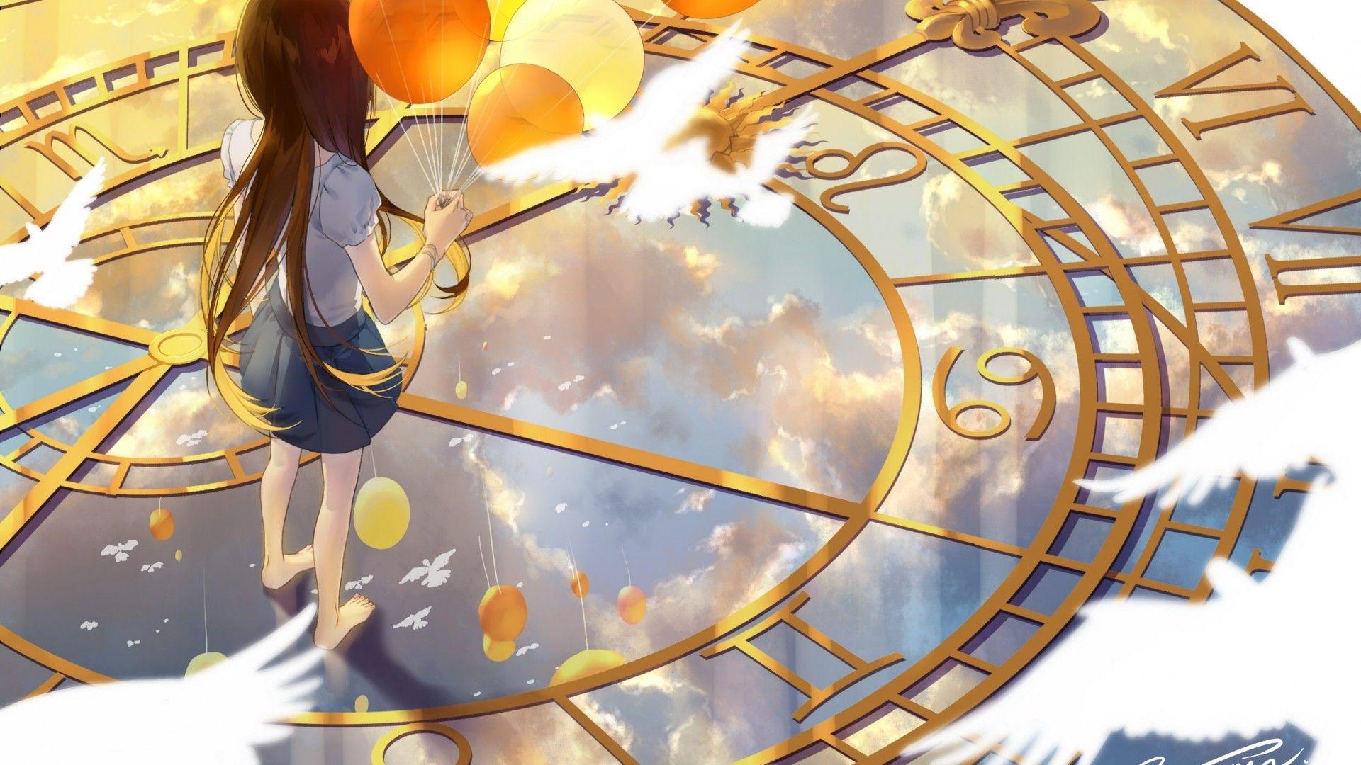 1920x1080 Download 1920x1080 Anime Girl, Clock, Fantastic, Balloons