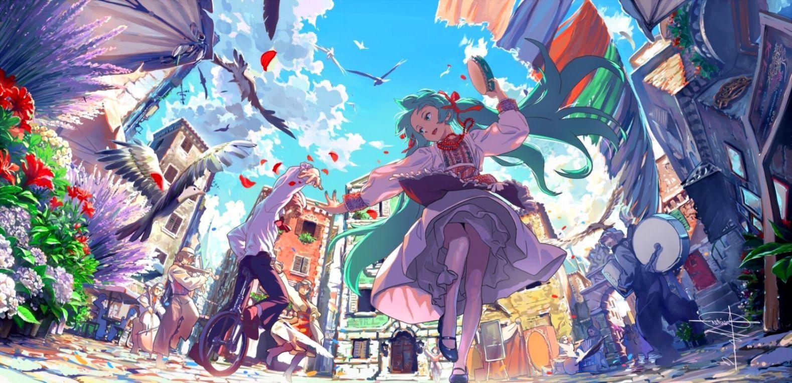 1579x764 Anime Flying Girl Music Wallpaper HD Desktop