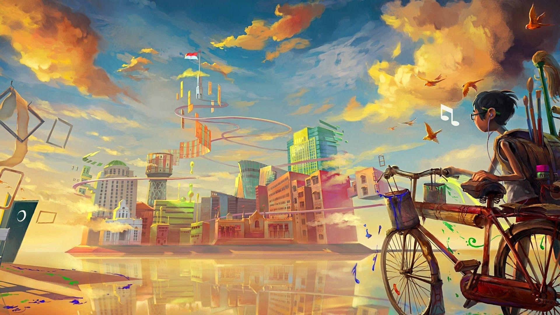1920x1080 #artwork, #anime, #birds, #flag, #headphones