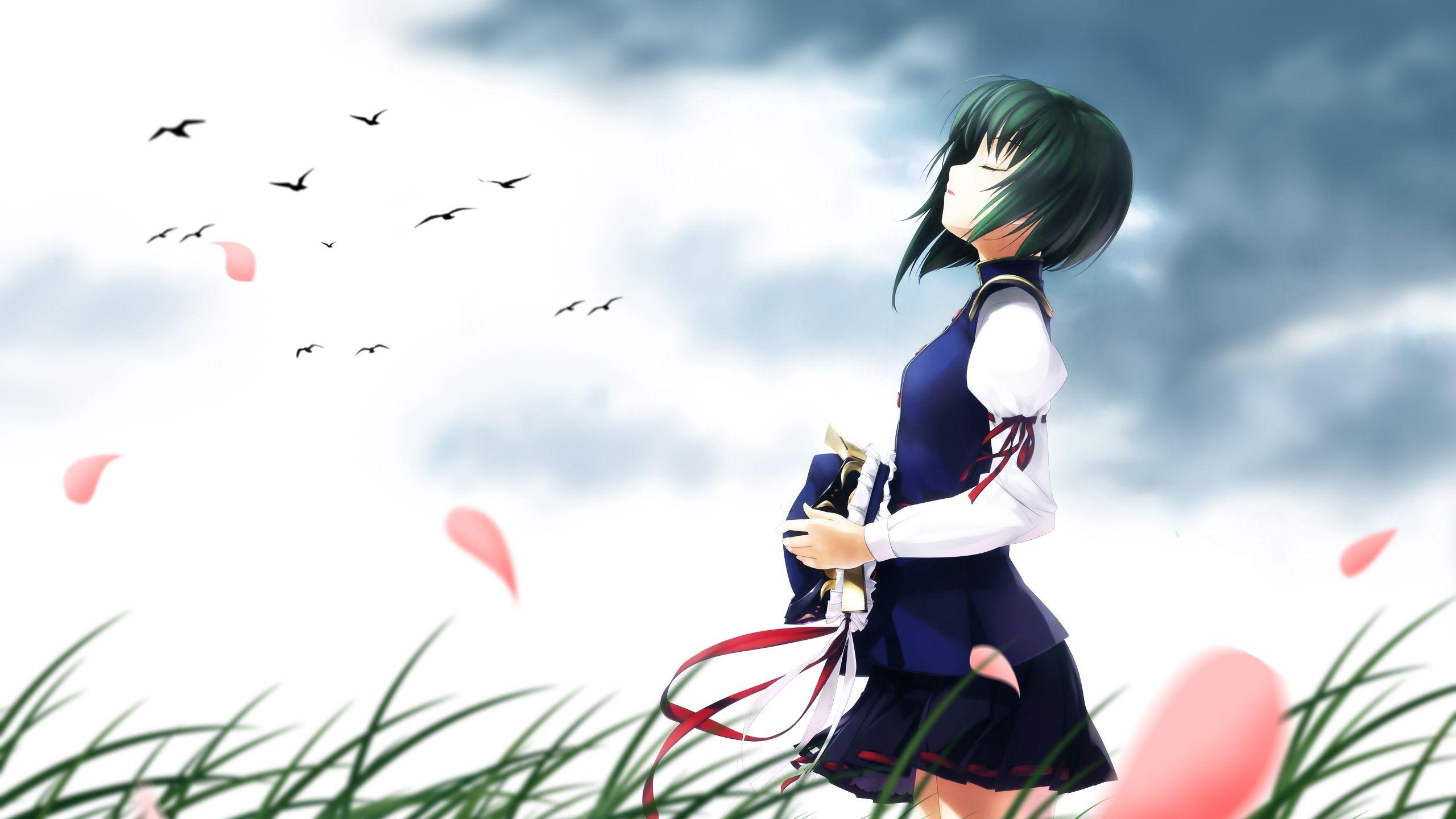 2560x1440 Download wallpaper 2560x1440 anime, girl, wind, enjoying
