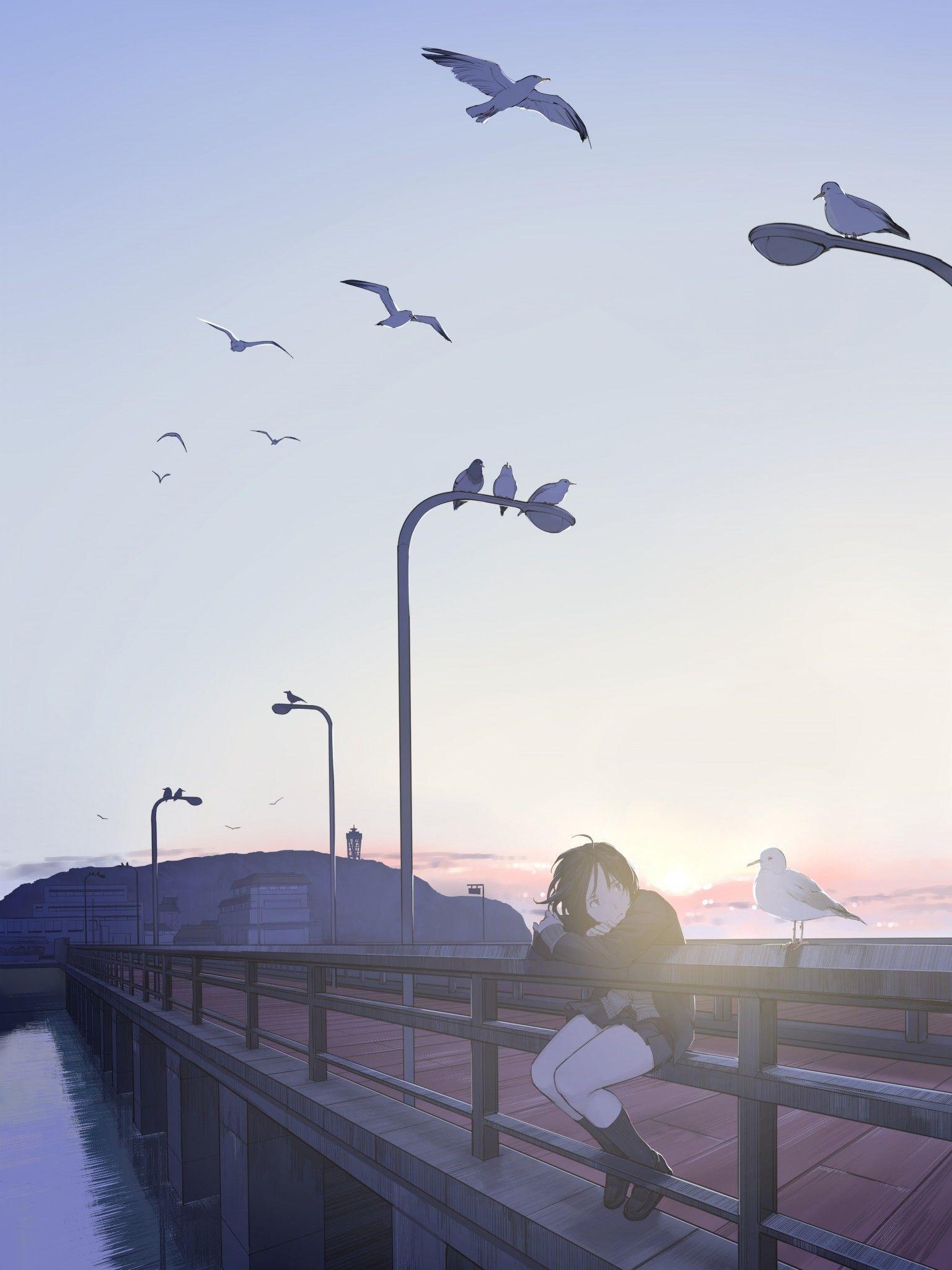 1536x2048 Download 1536x2048 Anime Girl, Bridge, Scenic, Birds