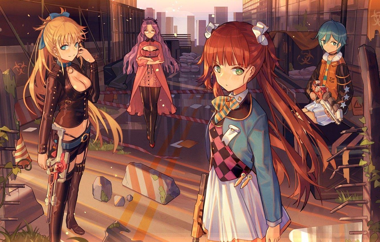 1332x850 Wallpaper gun, weapon, anime, japanese, bishojo, Girl Cafe