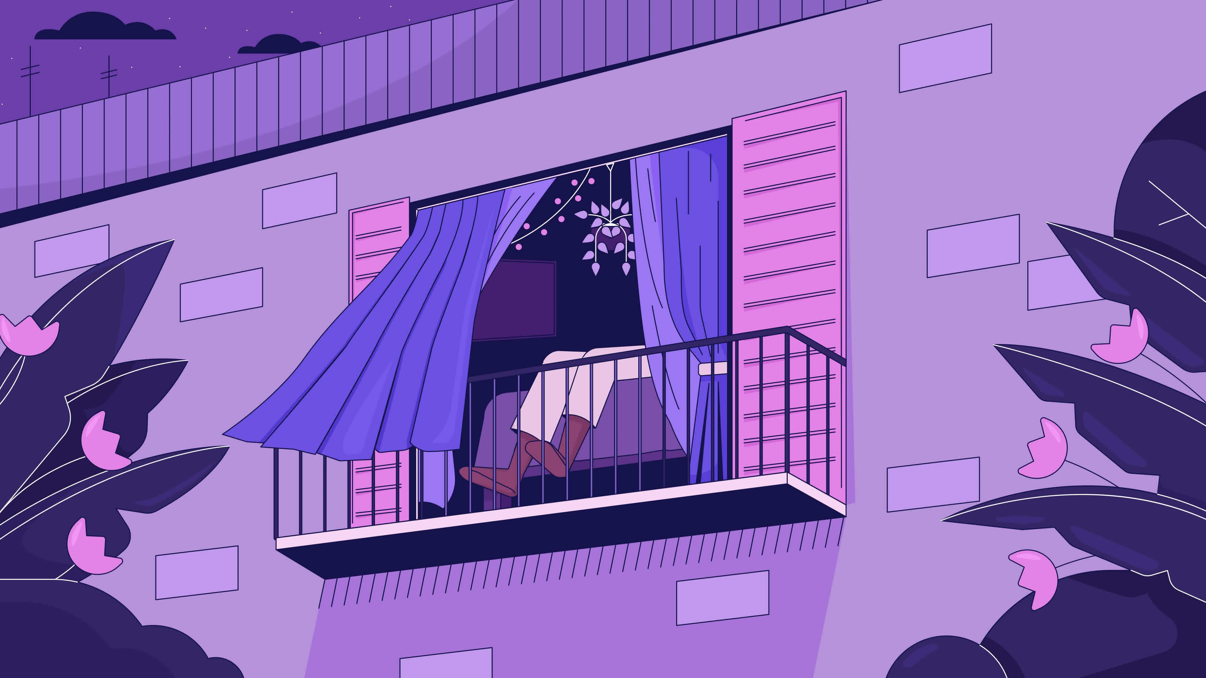 3840x2160 Waving curtains on cozy balcony line cartoon animation. 4K video motion graphic. Flying curtains window in sunset 2D linear animated background full frame, after hours aesthetic lofi live wallpaper