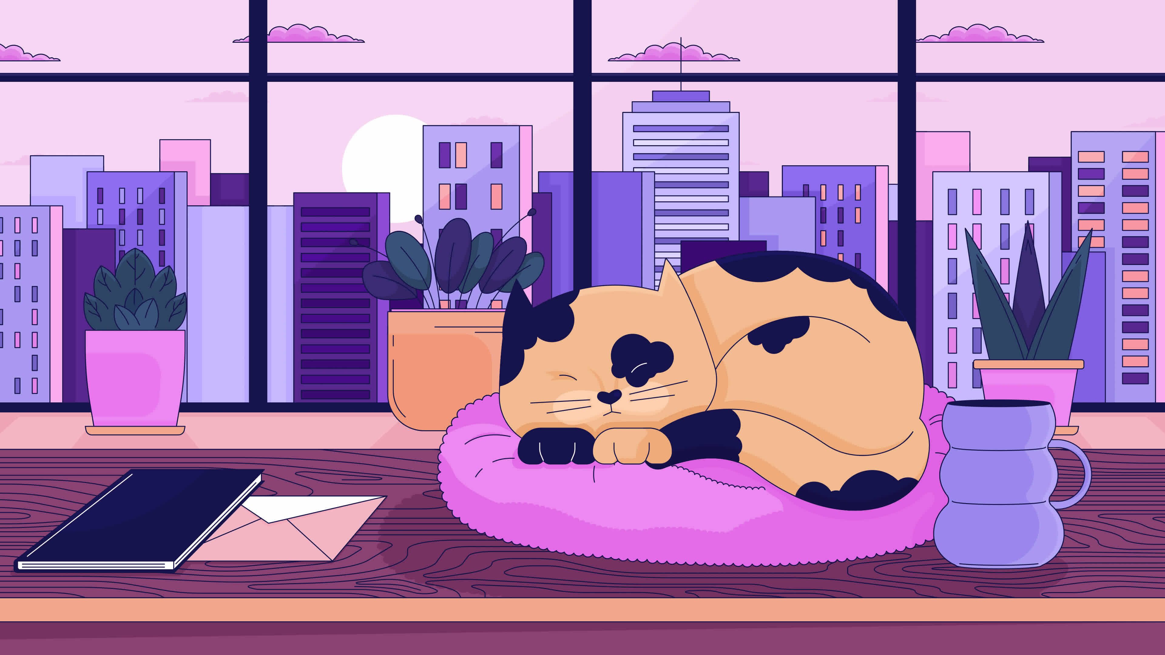 3840x2160 Cityscape sunset cozy desk with sleeping cat lo fi animated cartoon background. Workplace table kitten sleepy 90s retro lofi aesthetic live wallpaper animation. Hygge chill 4K video motion graphic