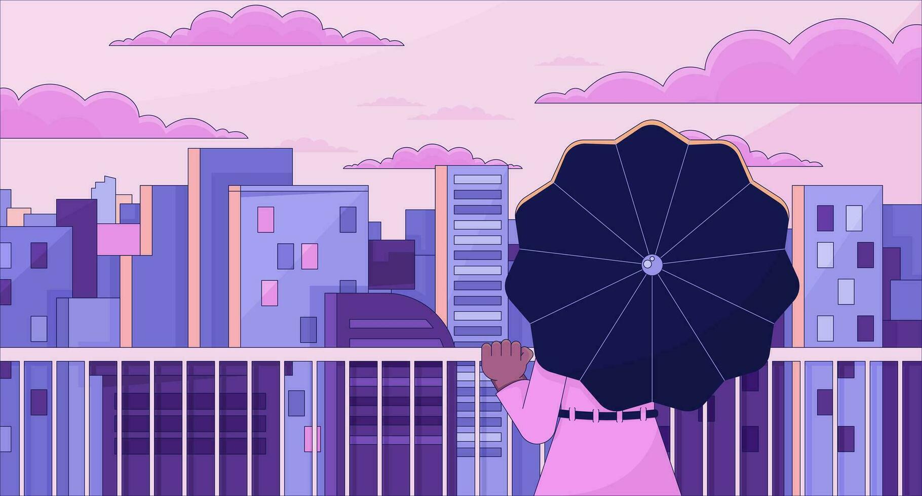 1820x980 Observation deck lo fi aesthetic wallpaper. Girl on terrace with umbrella looking on city. Sunset 2D vector cartoon cityscape illustration, purple lofi background. 90s retro album art, chill vibes 27570023 Vector Art