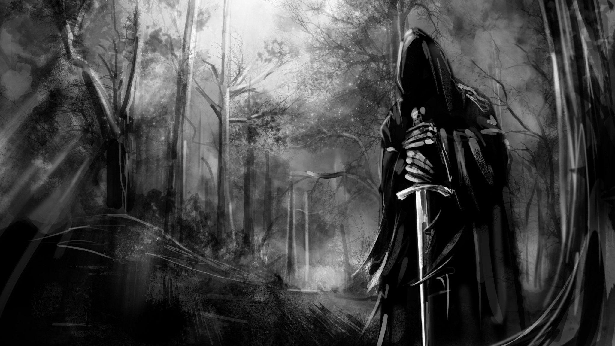 2048x1152 Download 2048x1152 Dark Forest, Black And White, Sword, Scary Wallpaper