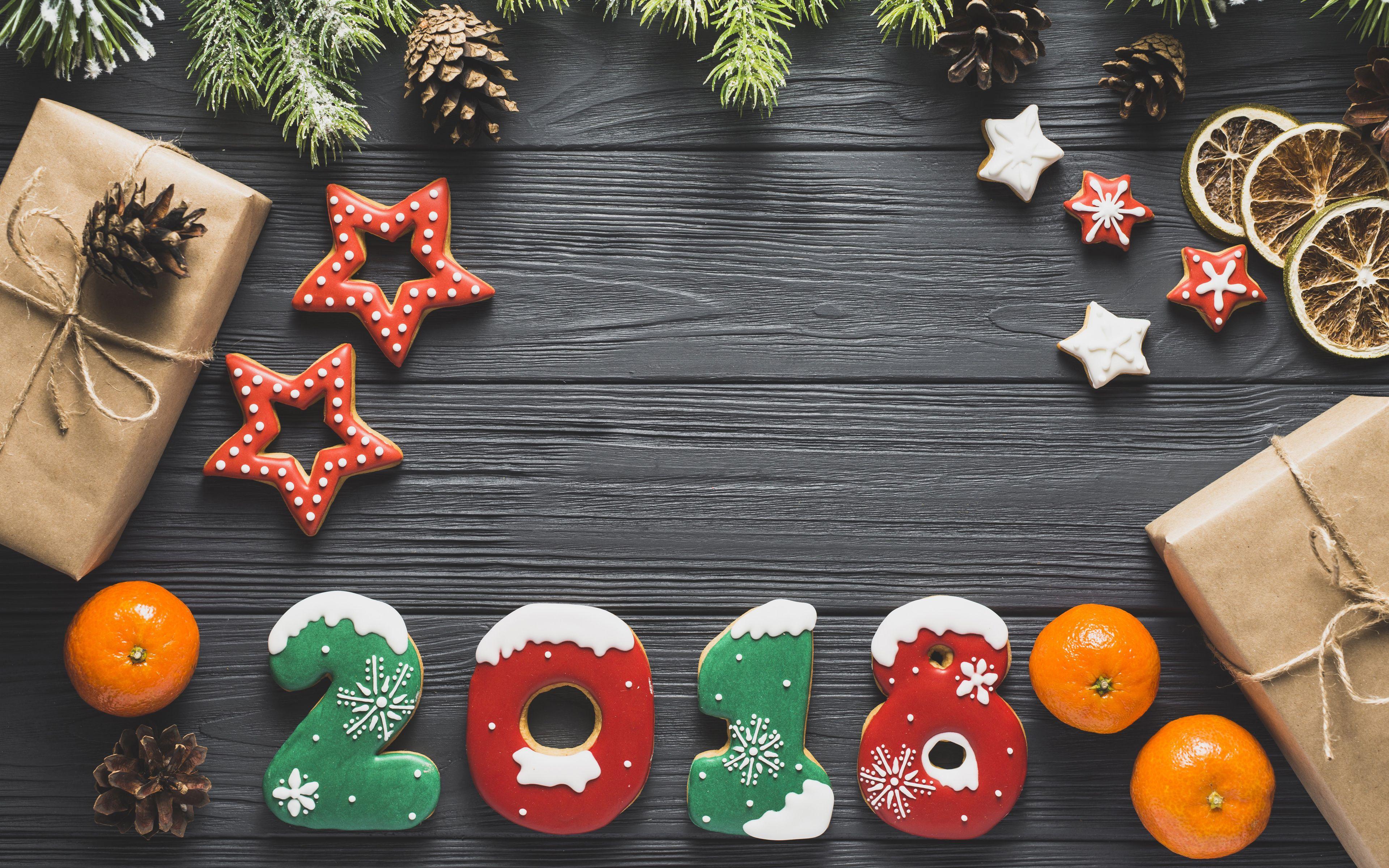 3840x2400 Download wallpaper Happy New Year cookie, xmas