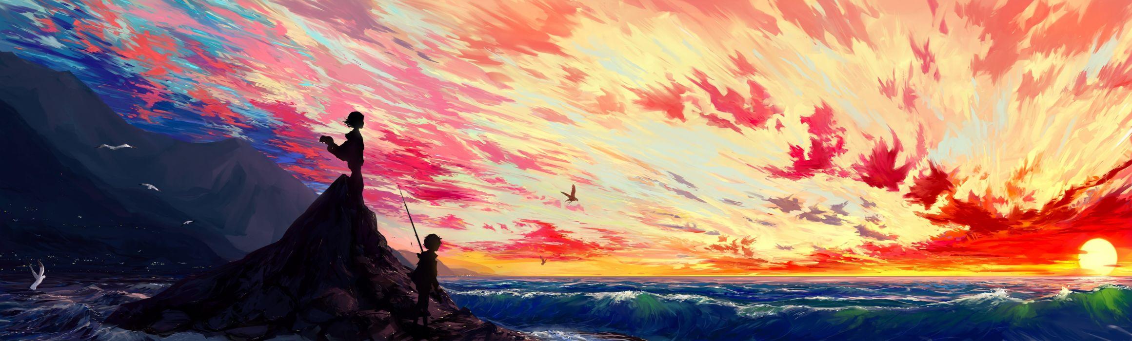 2321x700 Anime landscape scenic sunset illustration wallpaperx2076