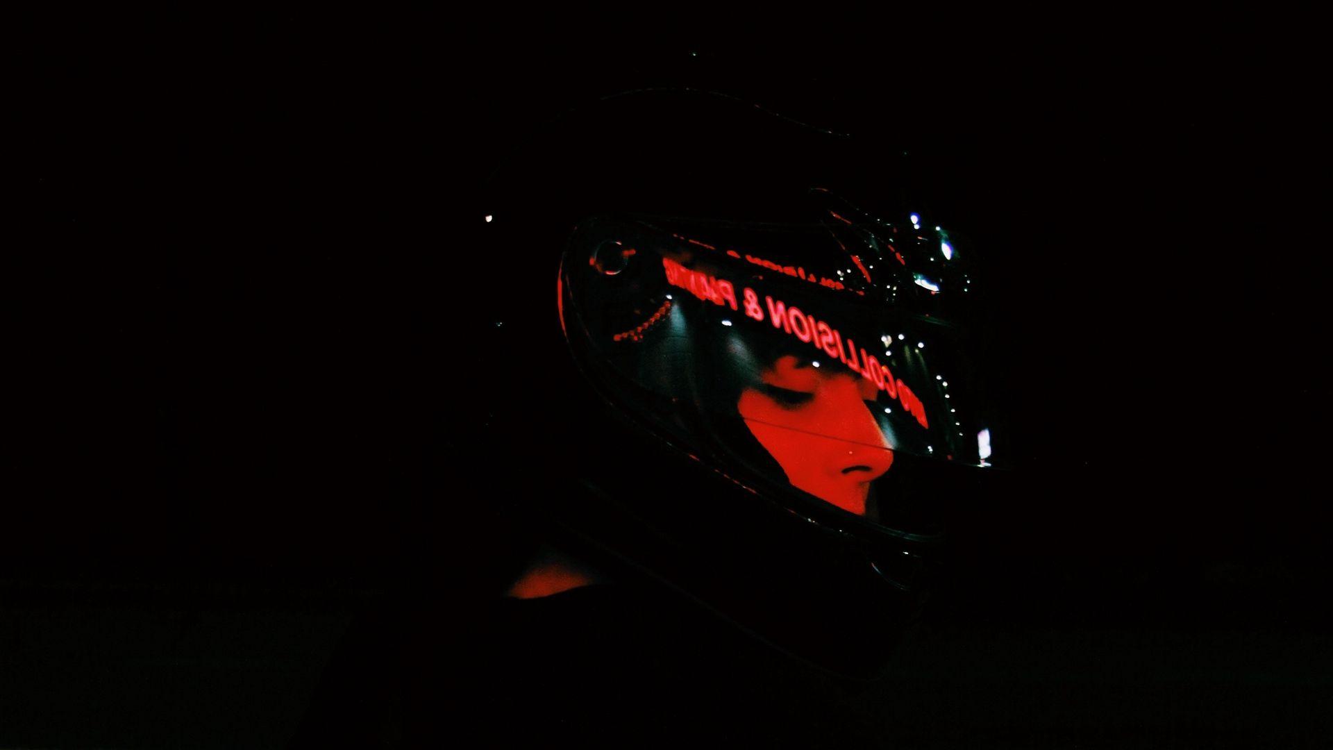 1920x1080 Download wallpaper 1920x1080 helmet, face, dark, light, red, black