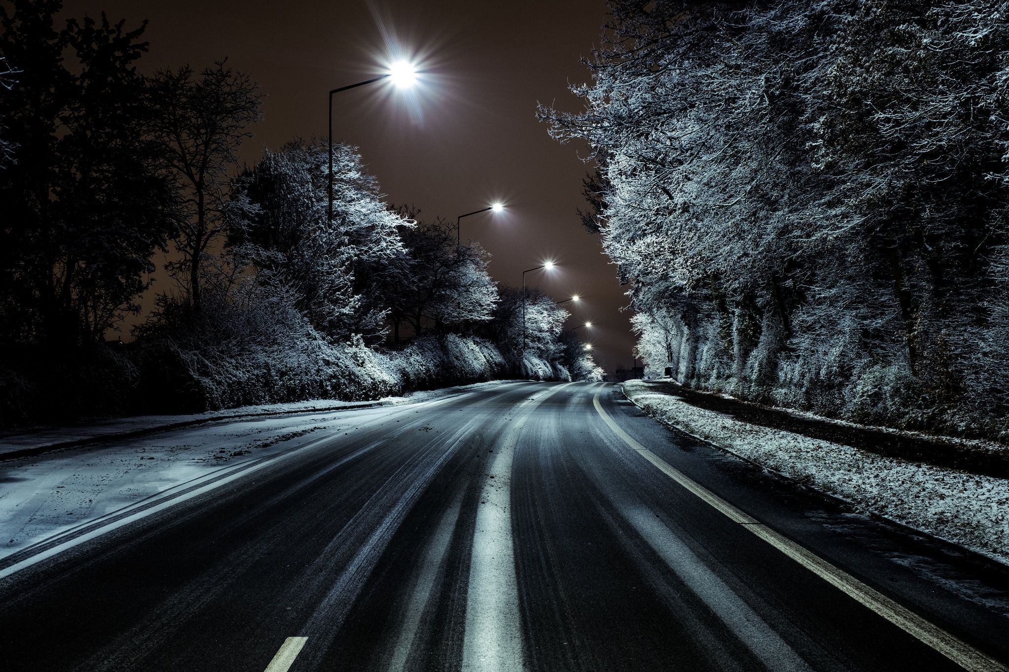 2048x1365 Lamp Post Night Man Made Road HD Wallpaper