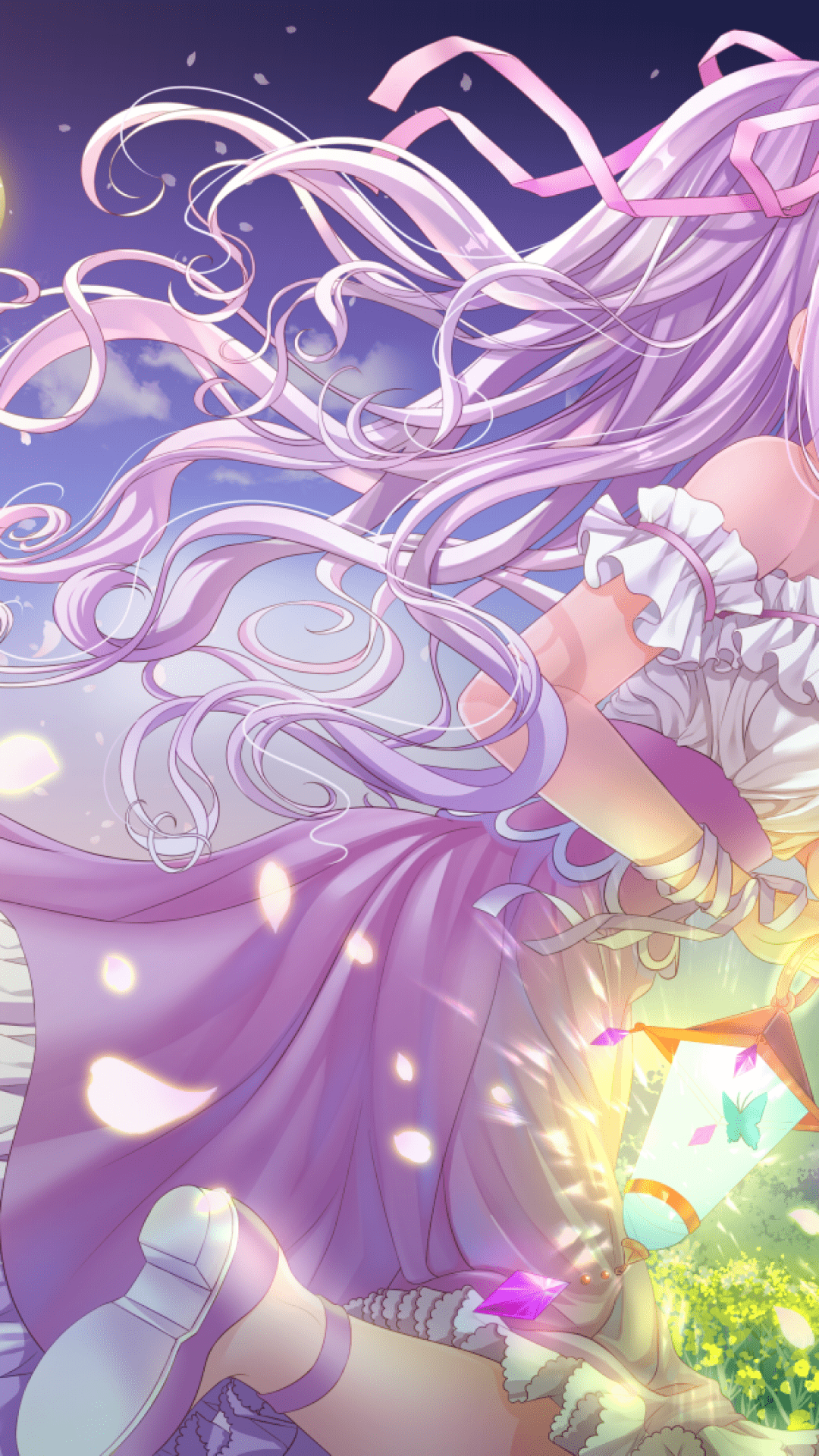 1080x1920 Download 1080x1920 Anime Girl, Purple Hair, Moon, Petals