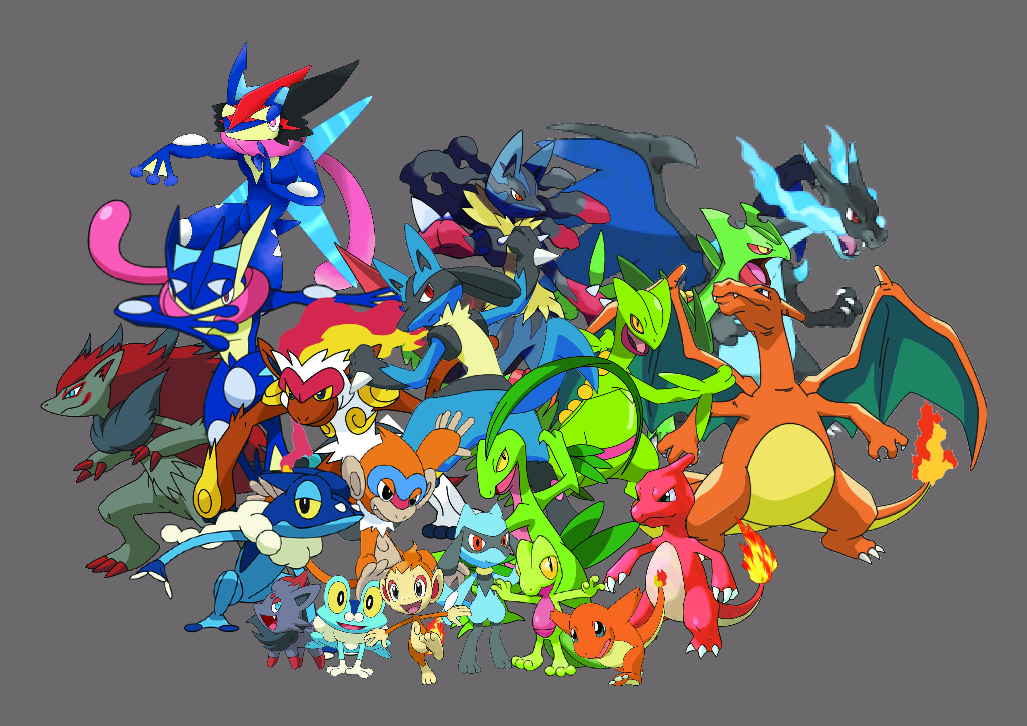 3508x2480 my Pokemon dream team. All evolution stage: Riolu Lucario, Mega Lucario, Chimchar, Monferno, Infernape, Froakie, F. Mega charizard, Mega lucario, Fotos de pokemon