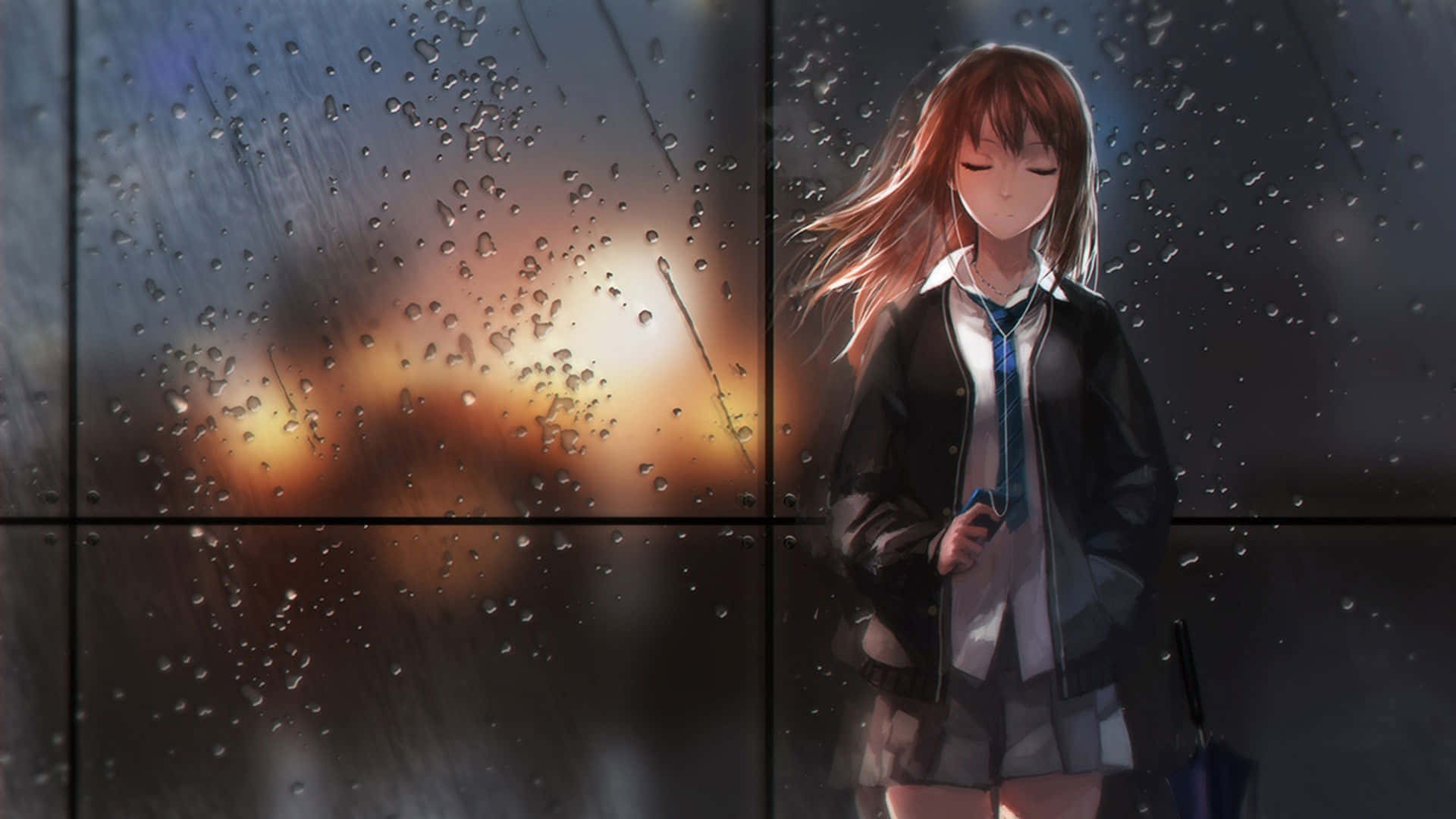 1920x1080 Download Lo Fi Anime Chill Girl Standing In Rain Wallpaper