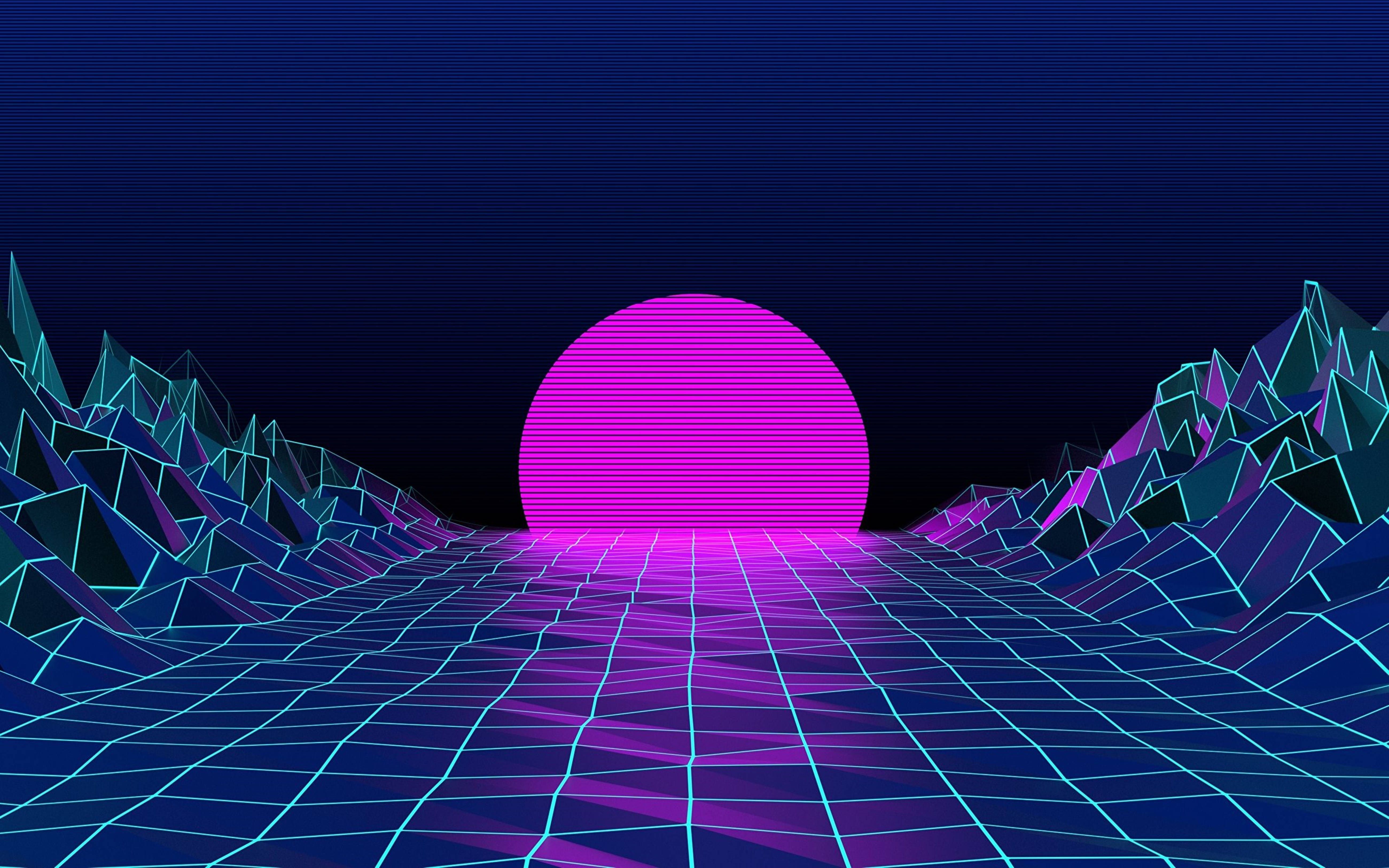 5200x3250 Retrowave Neon Purple Moon Grid Field