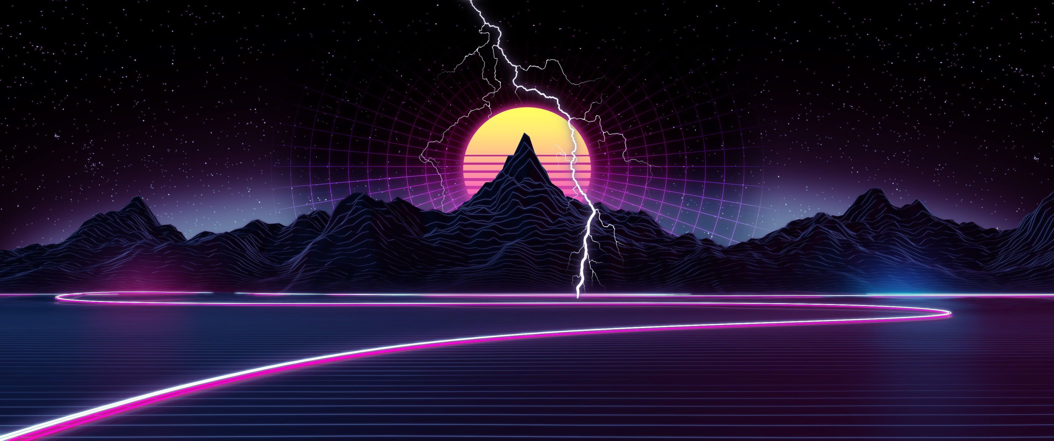 3440x1440 retrowave, synthwave, neon