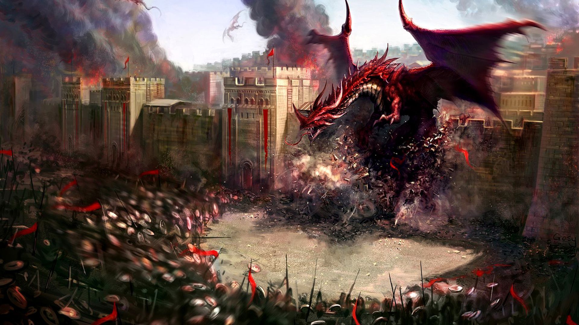 1920x1080 Download Castle Battle Fantasy Dragon Art