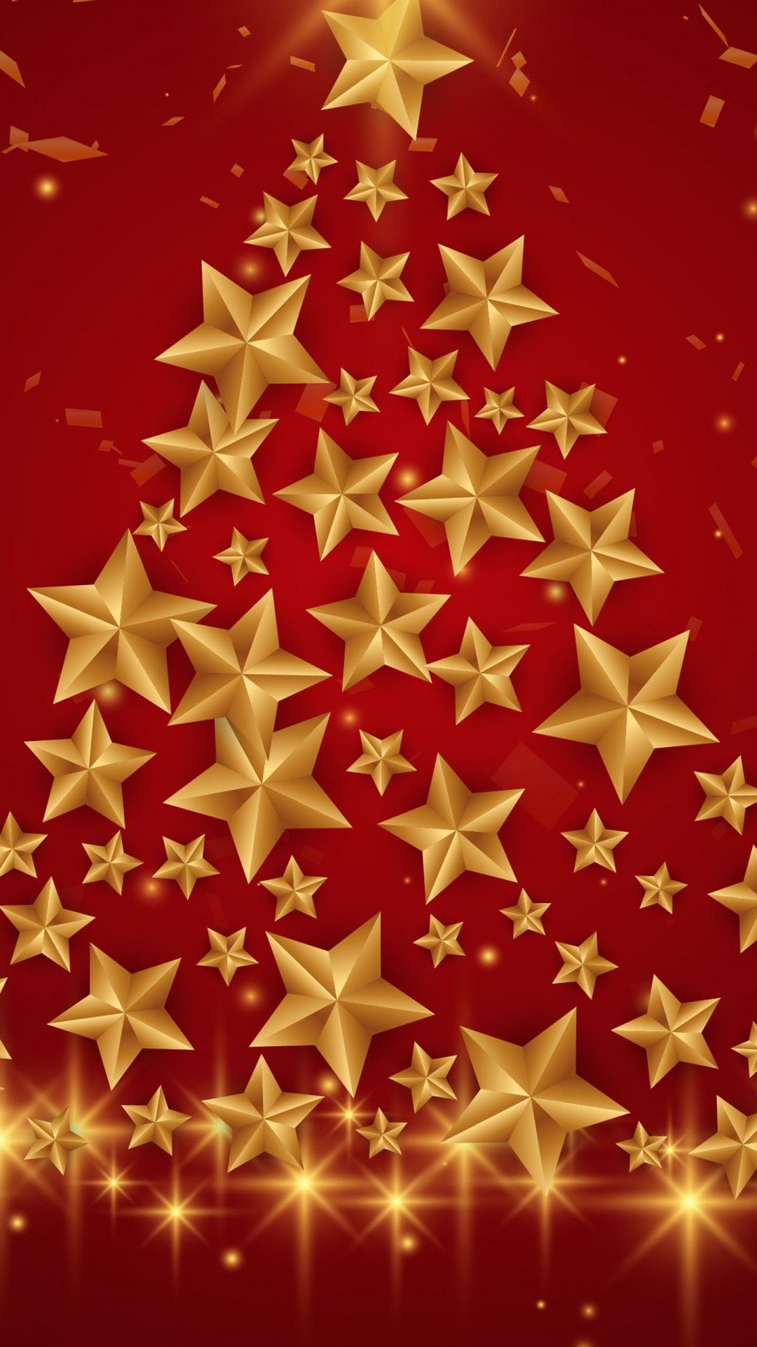 1080x1920 Golden Stars Glitter Christmas Tree Red