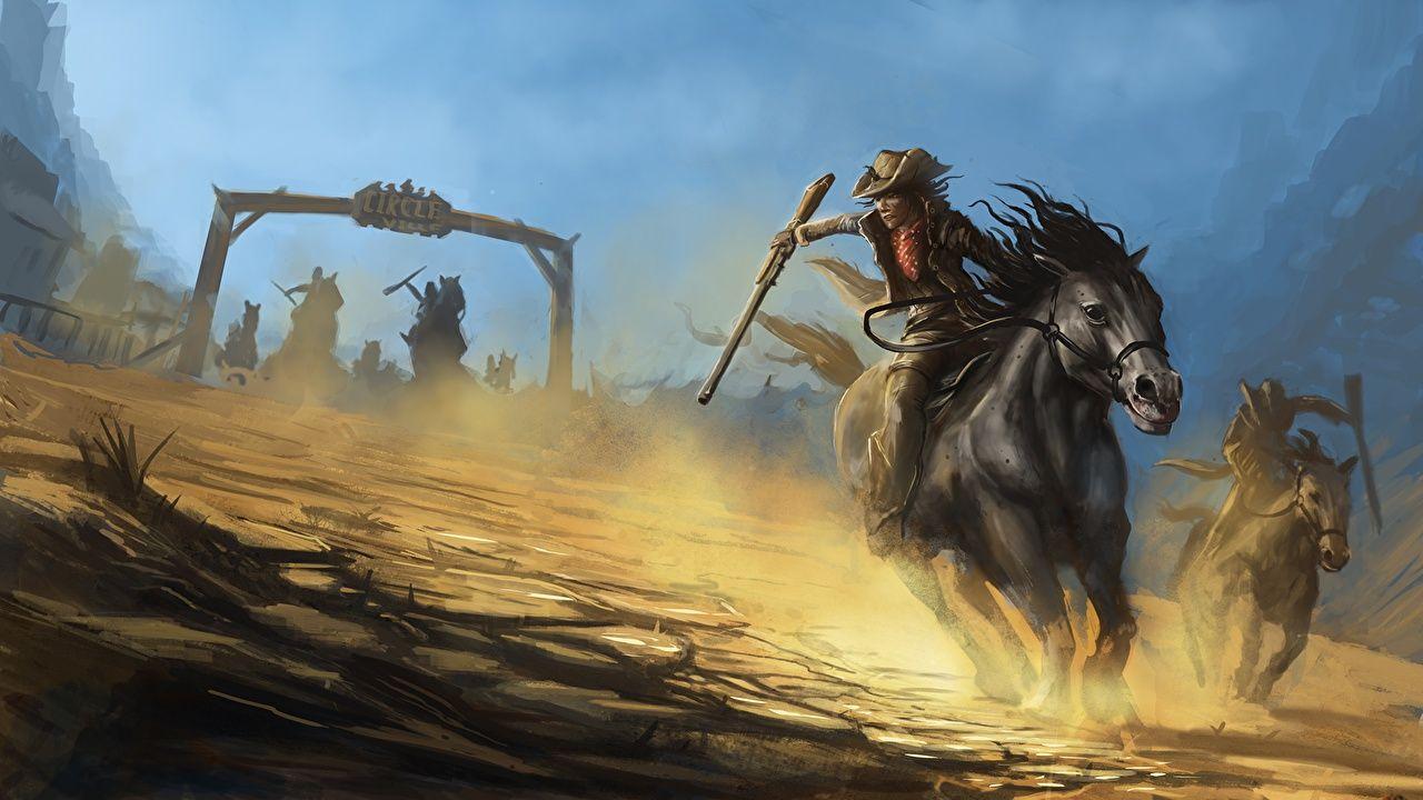 1280x720 Image Horses Rifles Cowboy Men Running animal Painting Art