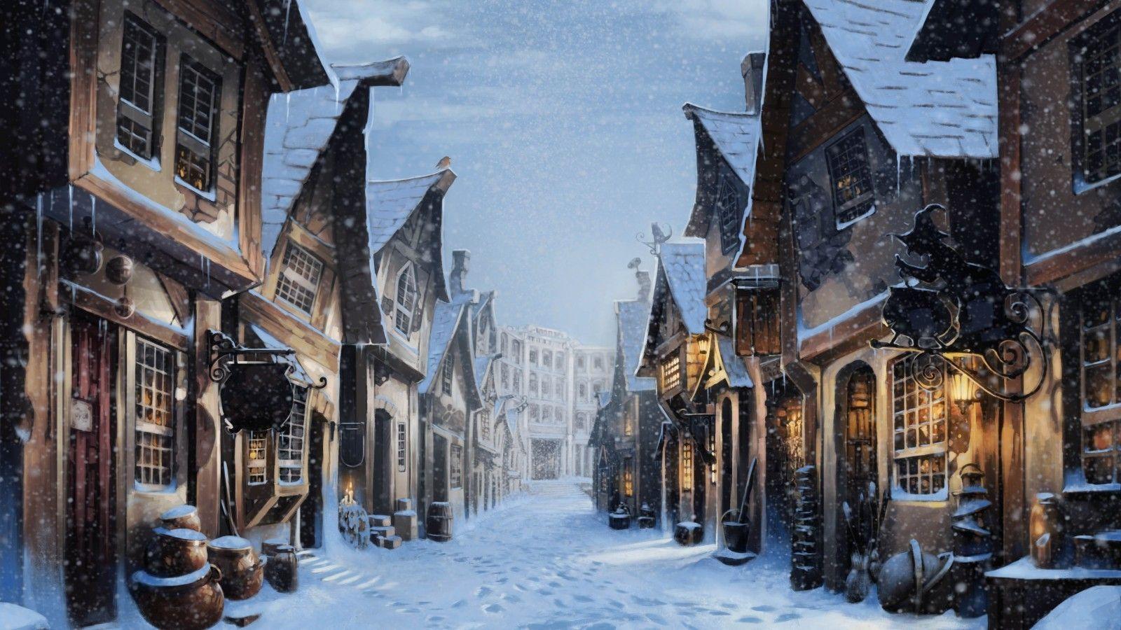 1600x900 Download 1600x900 Diagon Alley, Harry Potter, Snow, Artwork